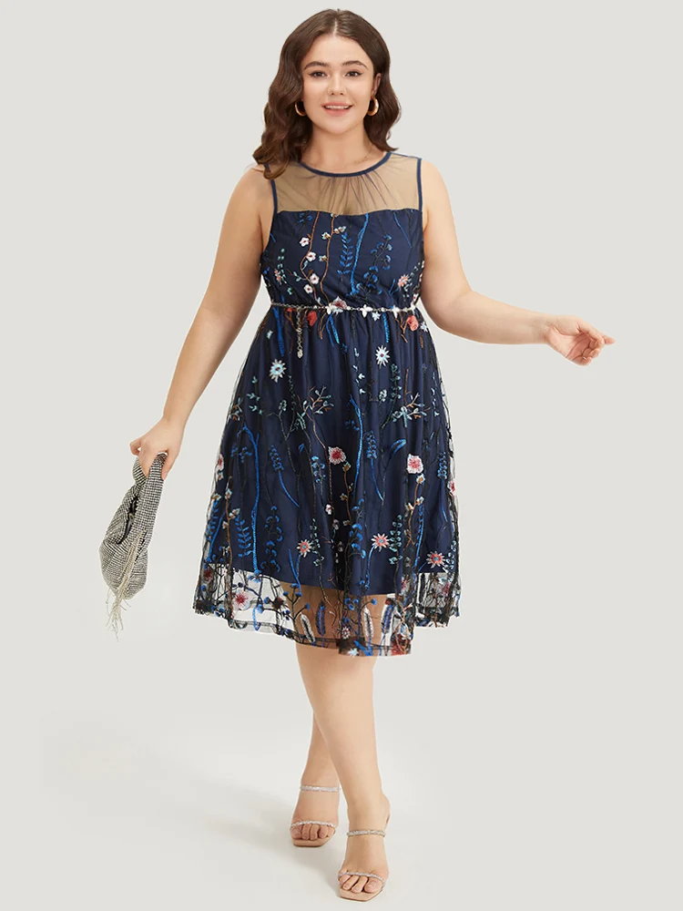 Plants Embroidered Mesh Patchwork Tank Dress