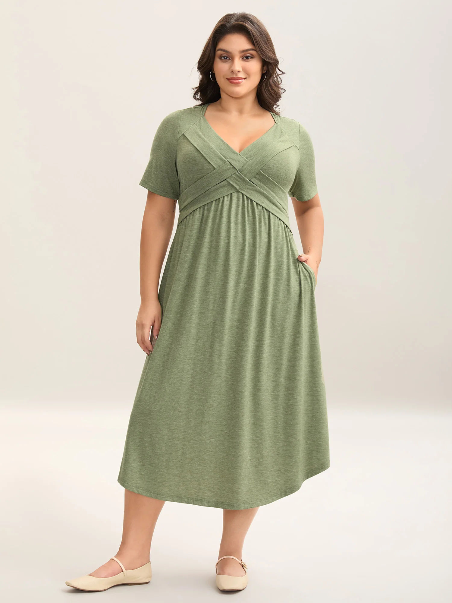 Crossover Bodice Stretchy Heather Midi Dress