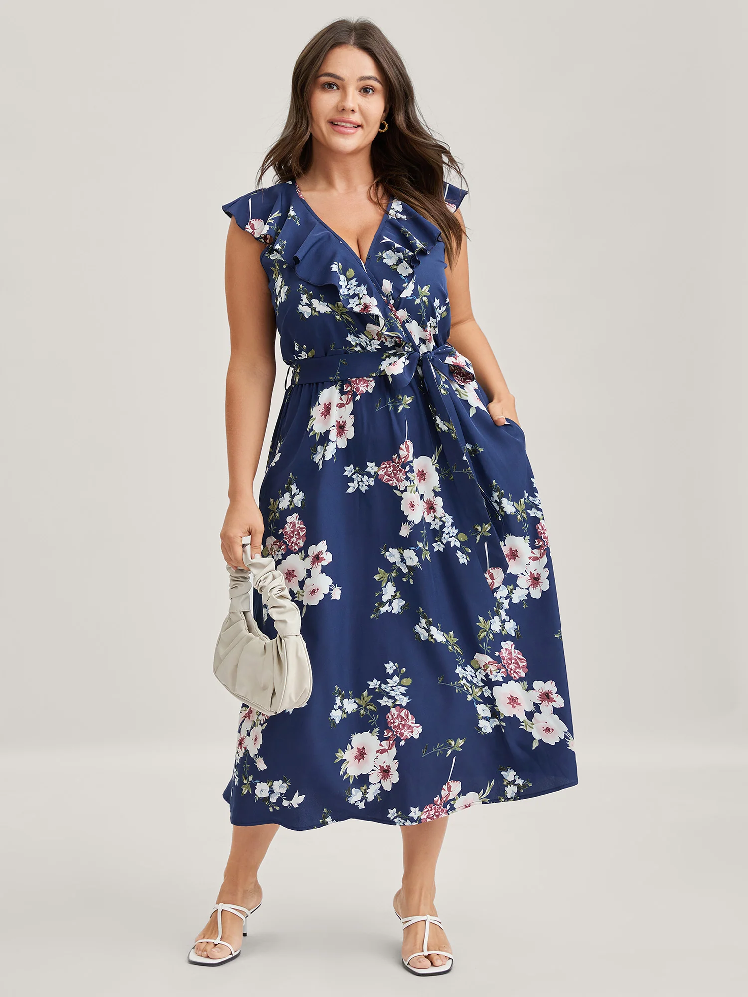 Floral Belted Waist Ruffled Pockets Midi Dress