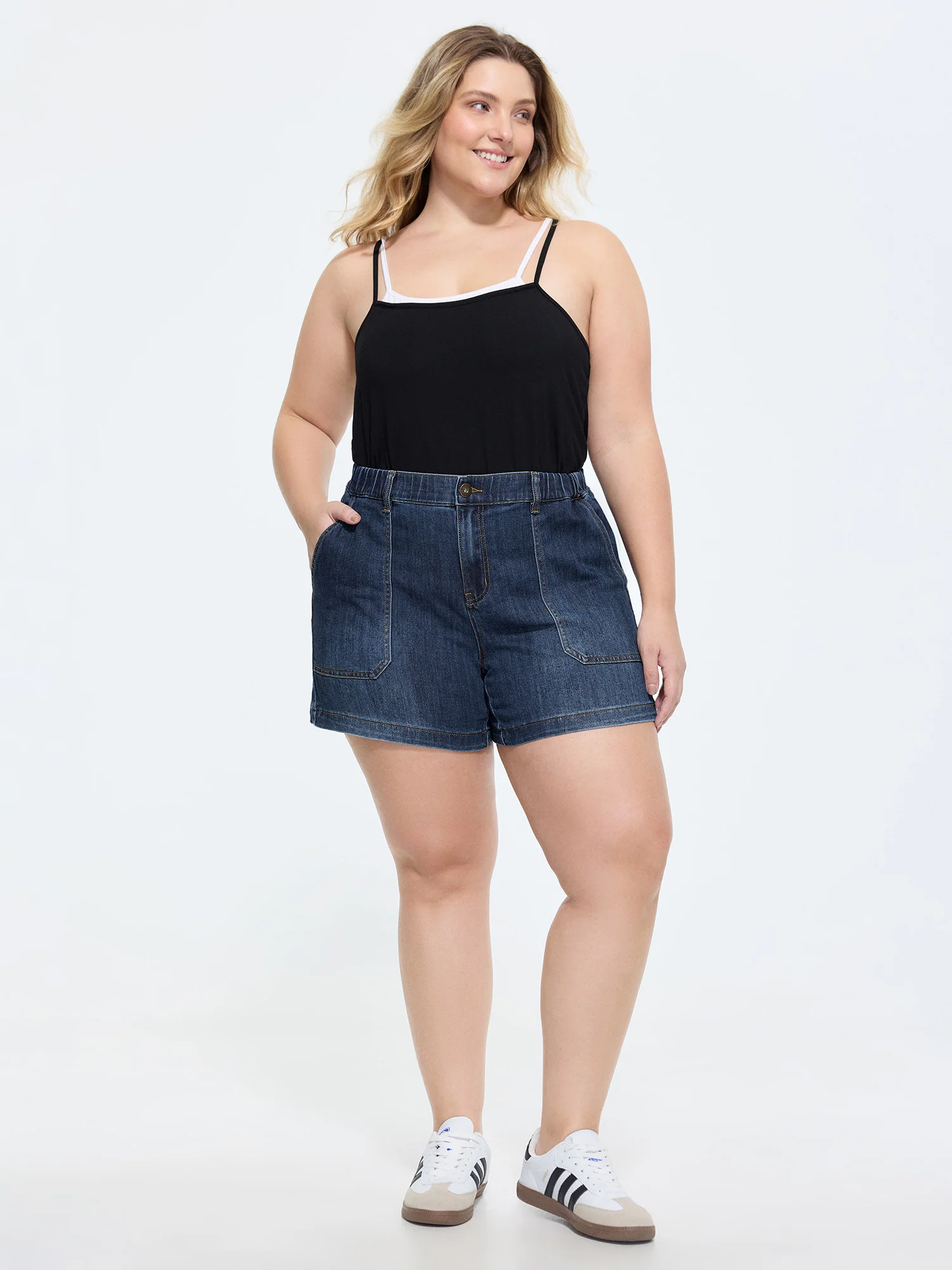 Stretchy Medium Wash Rubber Waist Denim Shorts