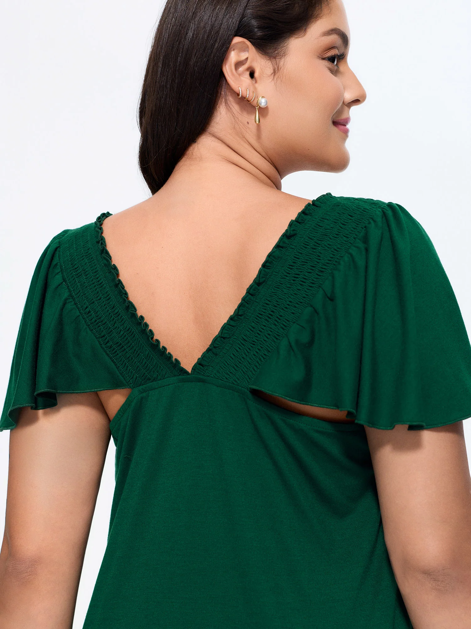 Shirred Ruffled Sleeve Cut-Out Knit Top