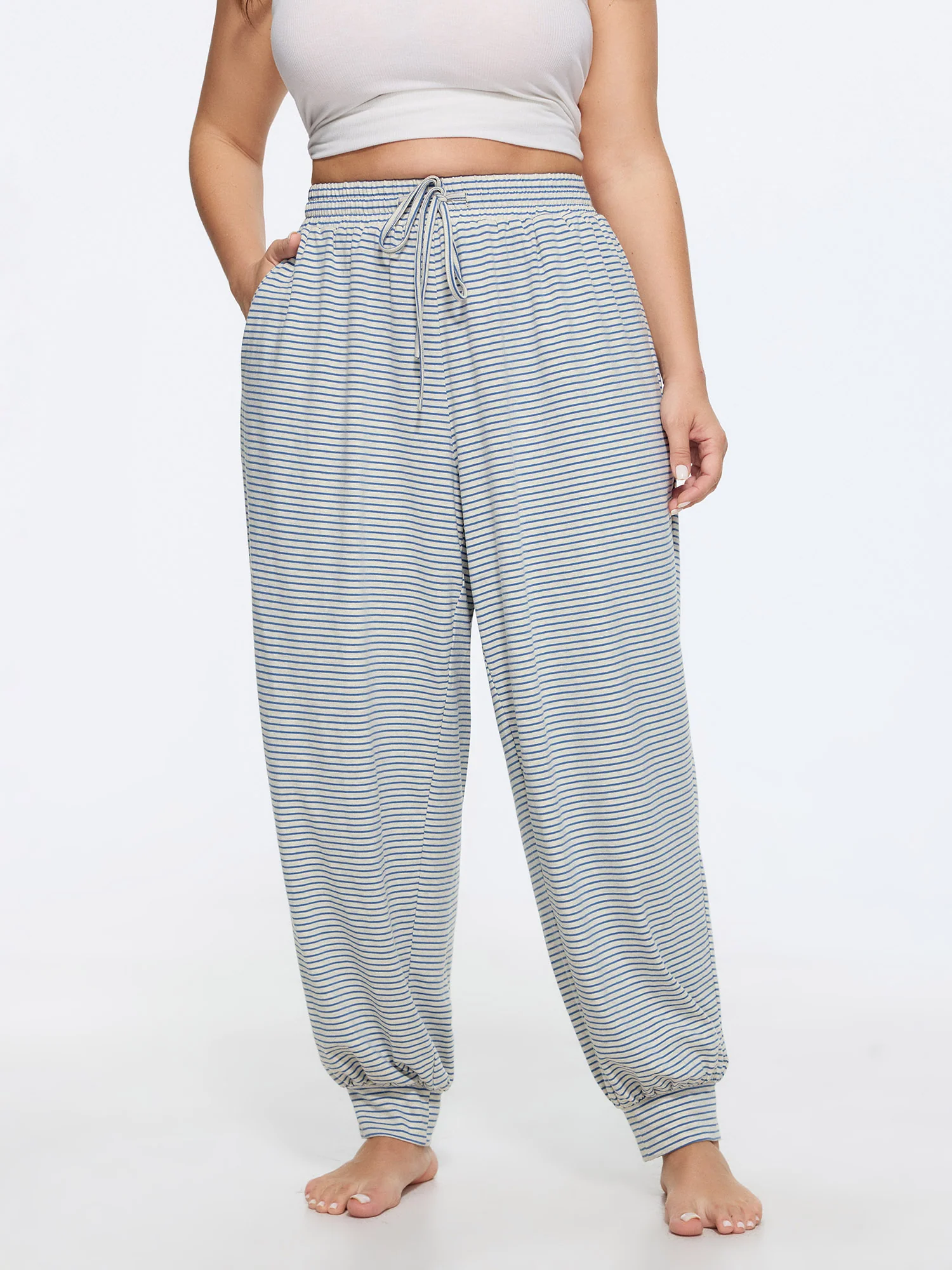 Cotton Stretchy Striped Print Pockets Lounge Bottoms
