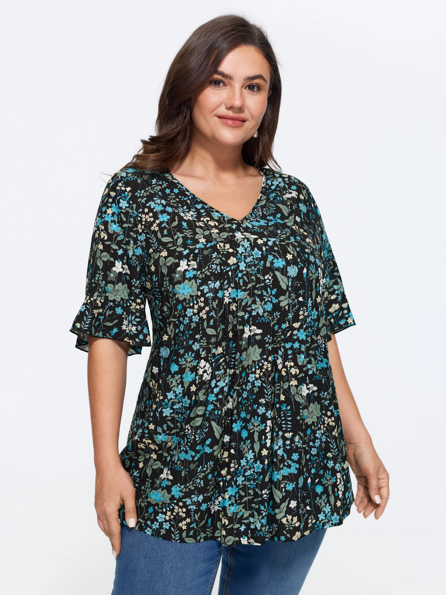 Ditsy Floral Pleated Flared Sleeve Blouse