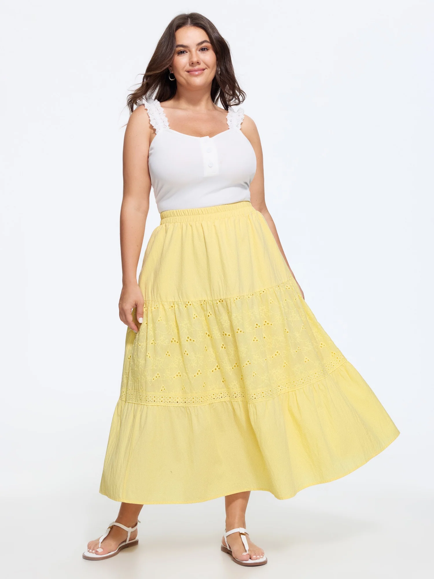 Cotton Eyelet Patchwork Tiered Midi Skirt