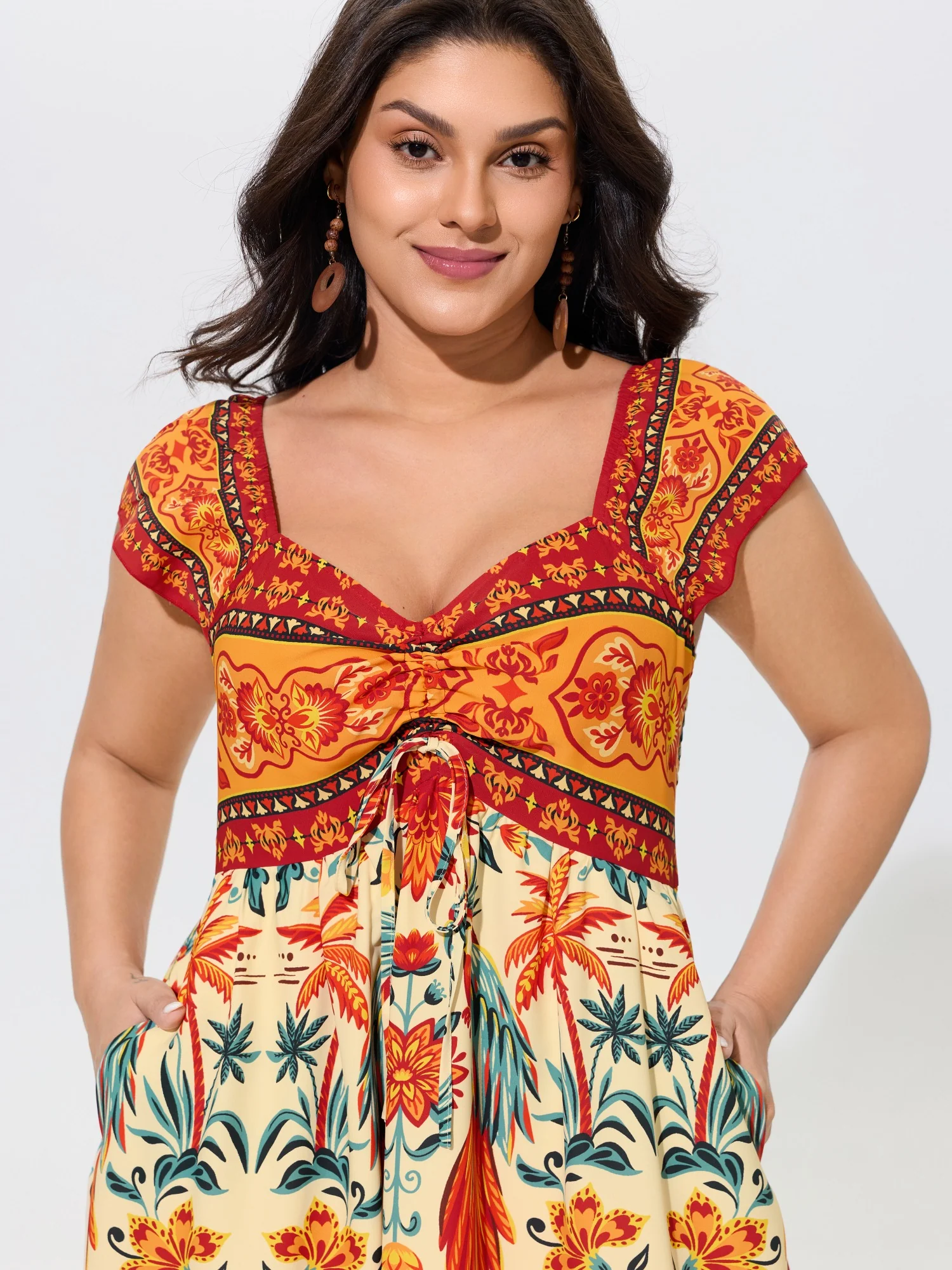 Tropical Print Bust Drawstring Midi Dress