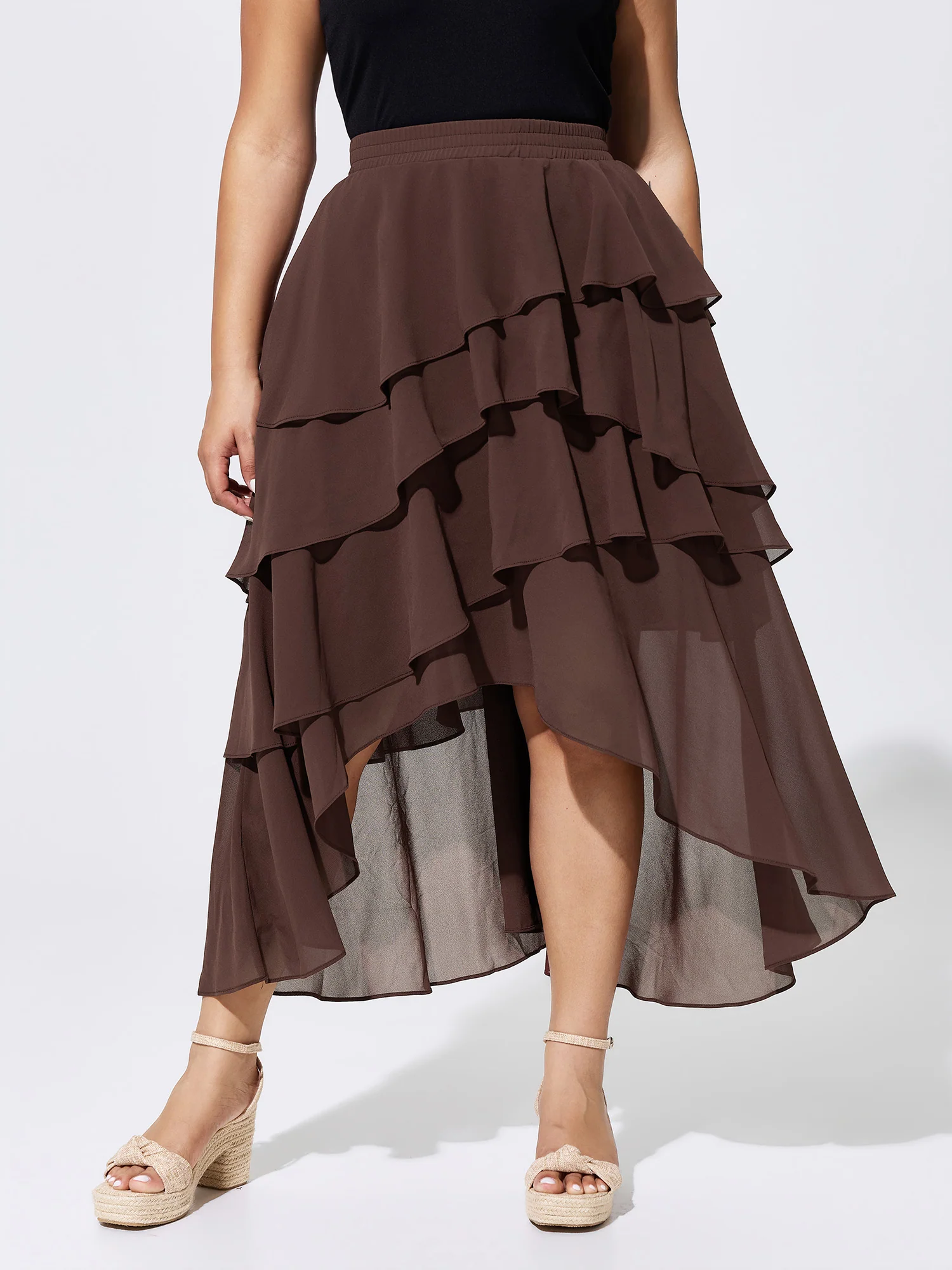Ruffled Tiered Flowy Asymmetrical Maxi Skirt