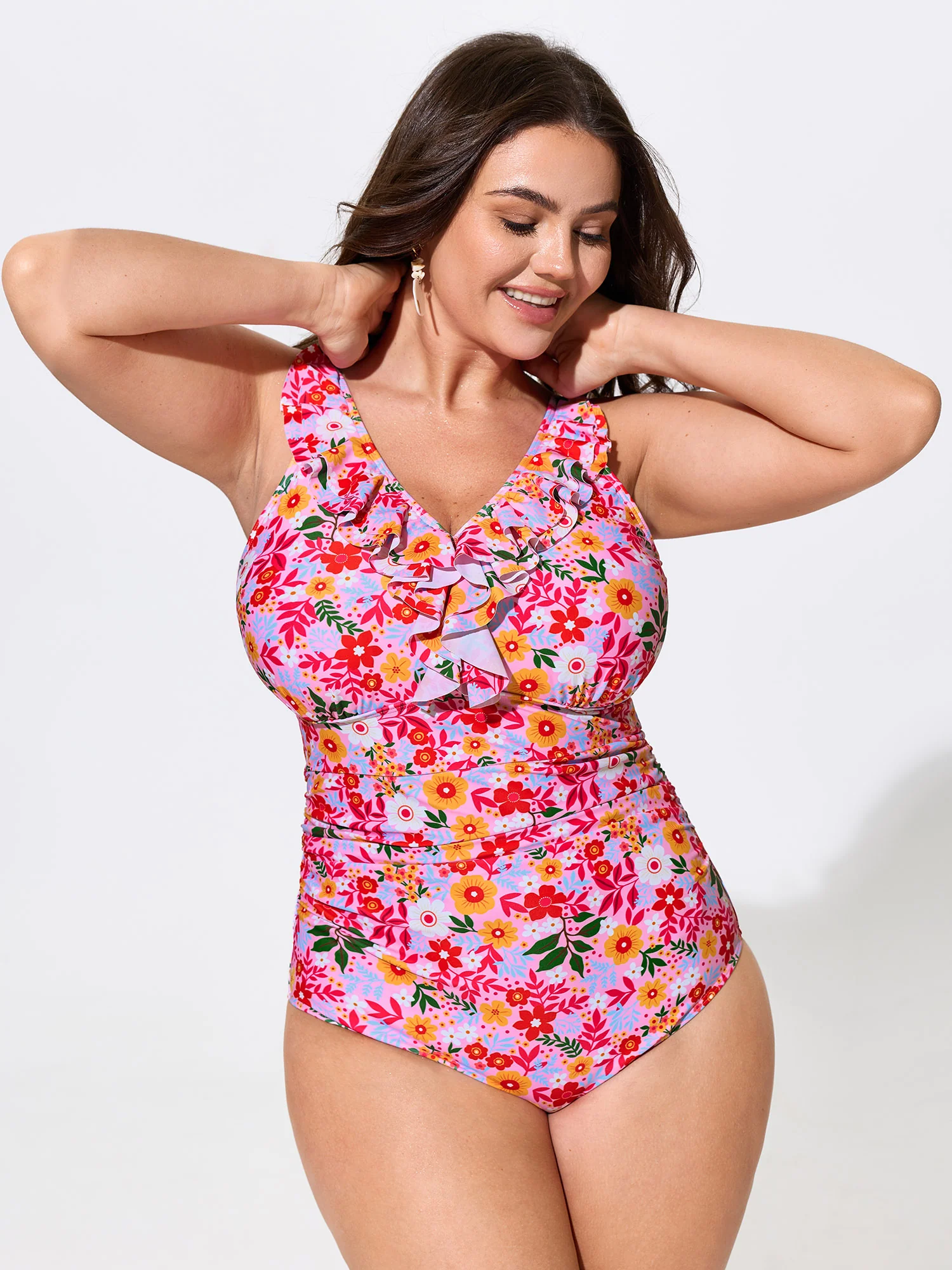 Floral Print Ruffled Neckline One-Piece Swim