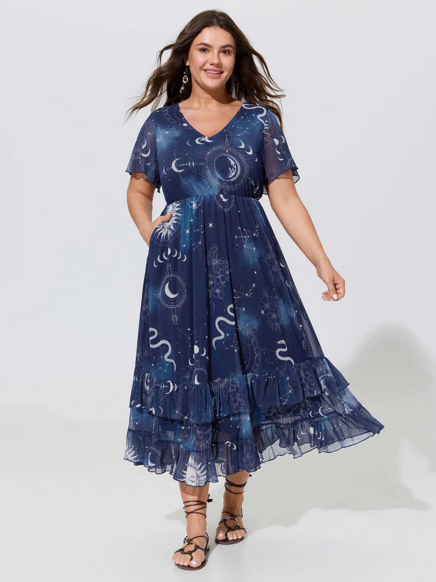 Stretchy Star Moon Print Tiered Ruffle Hem Midi Dress