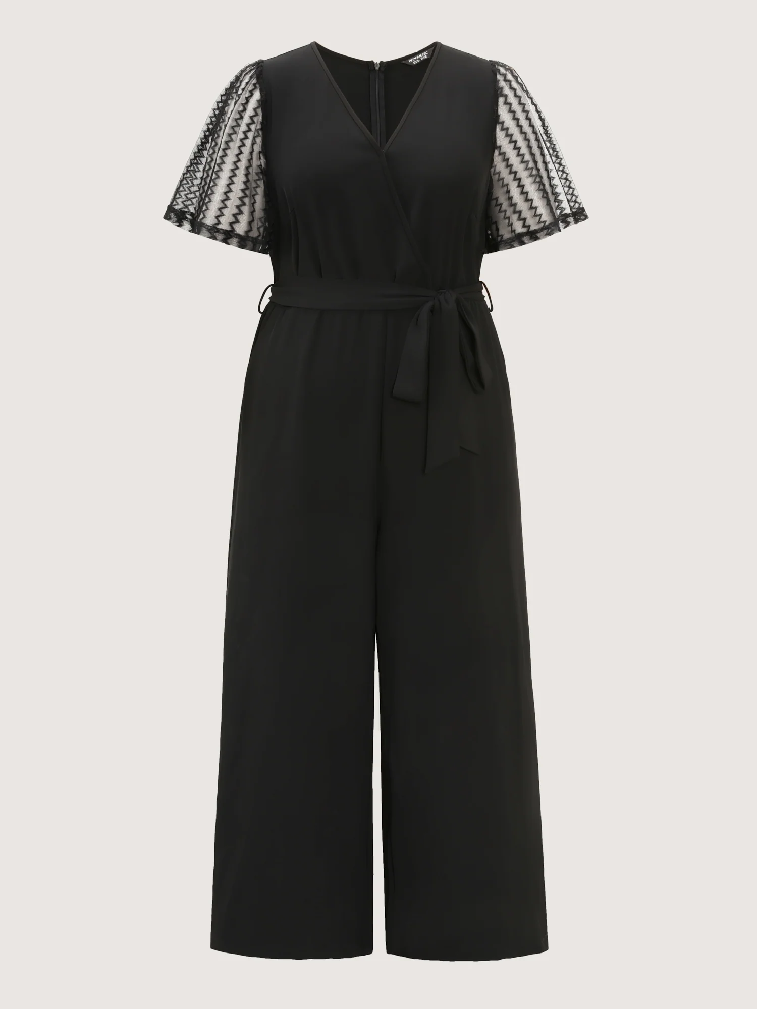 Textured Sheer Sleeve Stretchy Waist Tie Jumpsuit