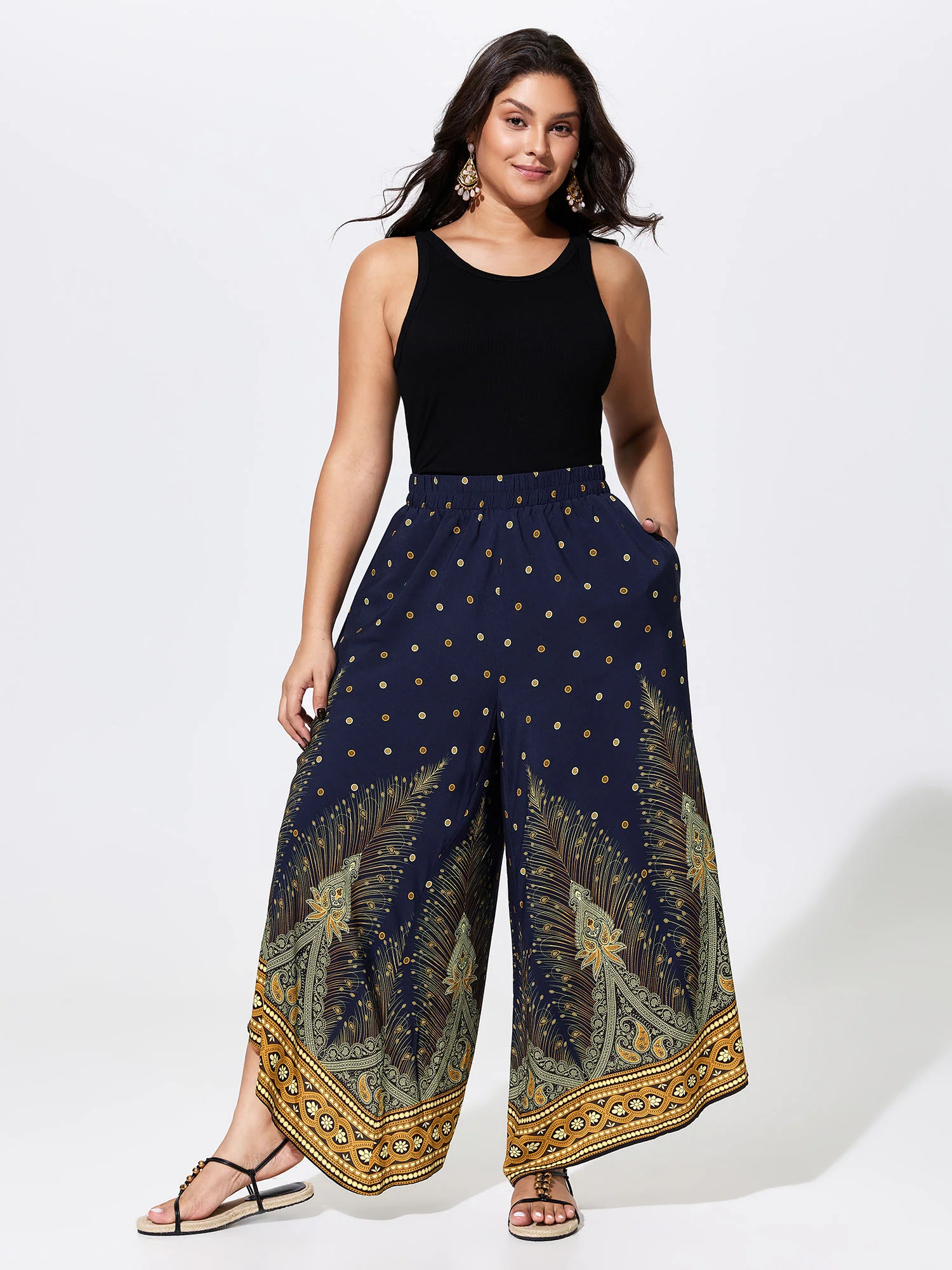 Boho Print Wide-Leg Color Contrast Pants