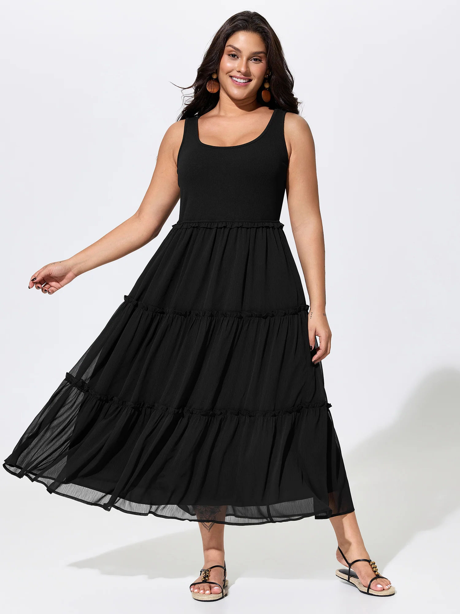 Bust-Friendly Classic Ruffled Tiered Flowy Midi Dress