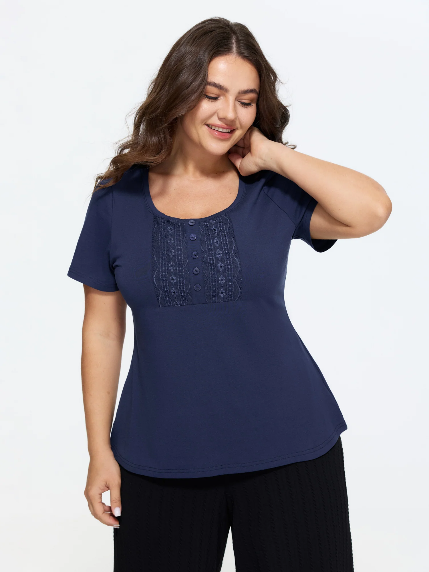 Supersoft Lace Trim Fitted Plain T-Shirt