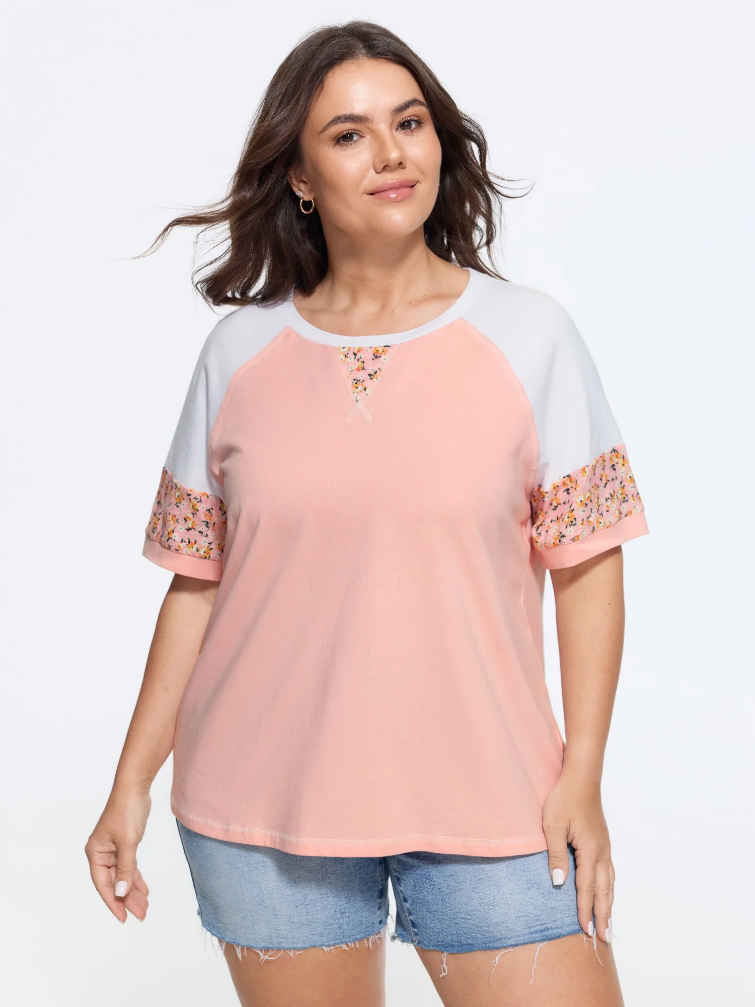 Cotton Floral Print Raglan Sleeve Patchwork T-Shirt
