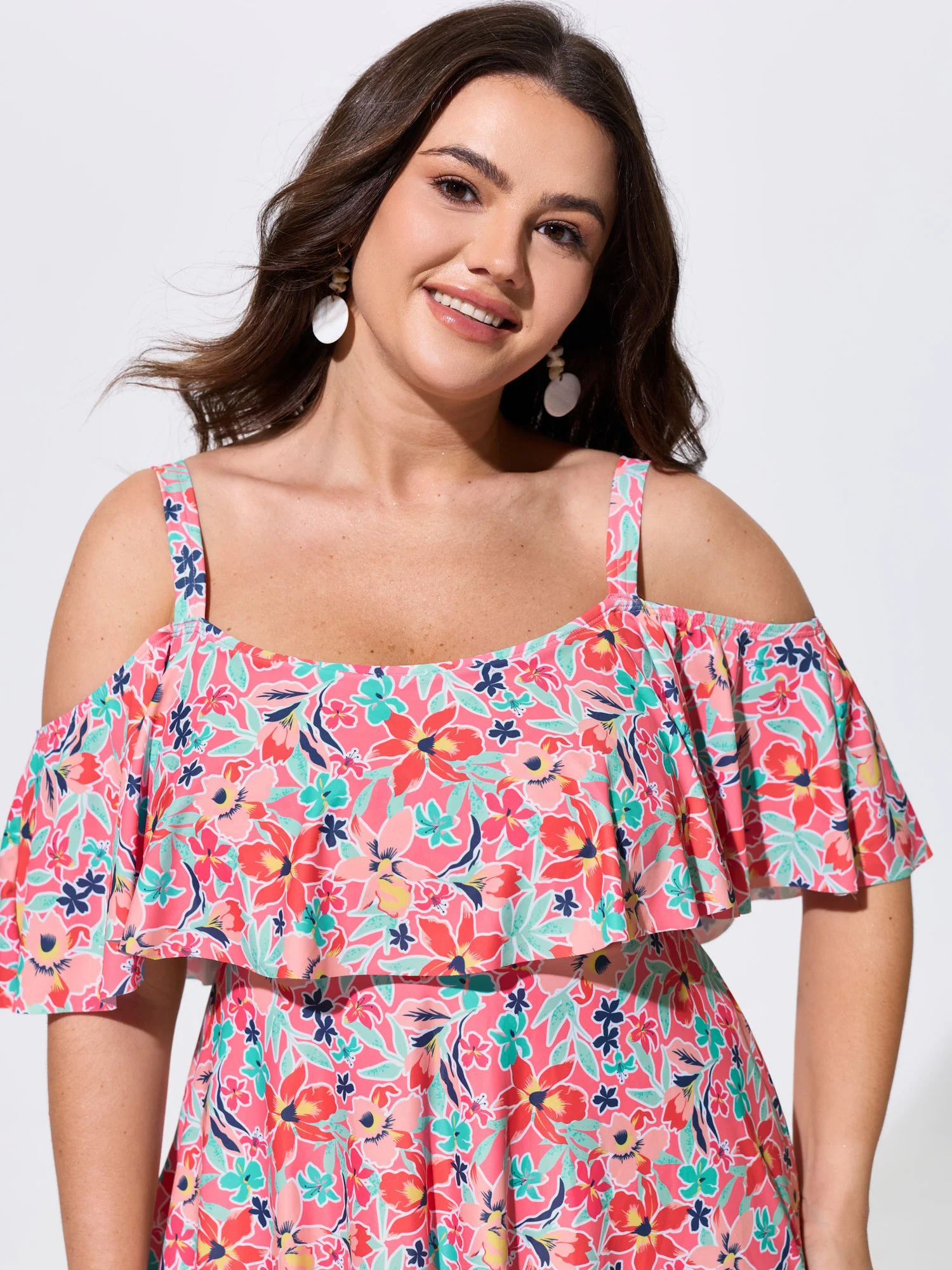 Floral Ruffle Trim Off Shoulder Pockets Swim Dress