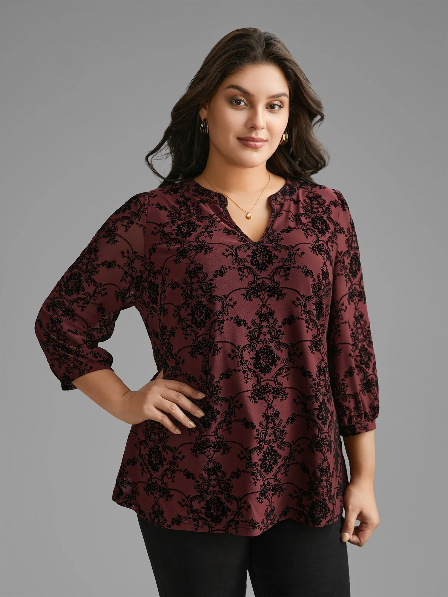 Boho Print Flocking Mesh Blouse