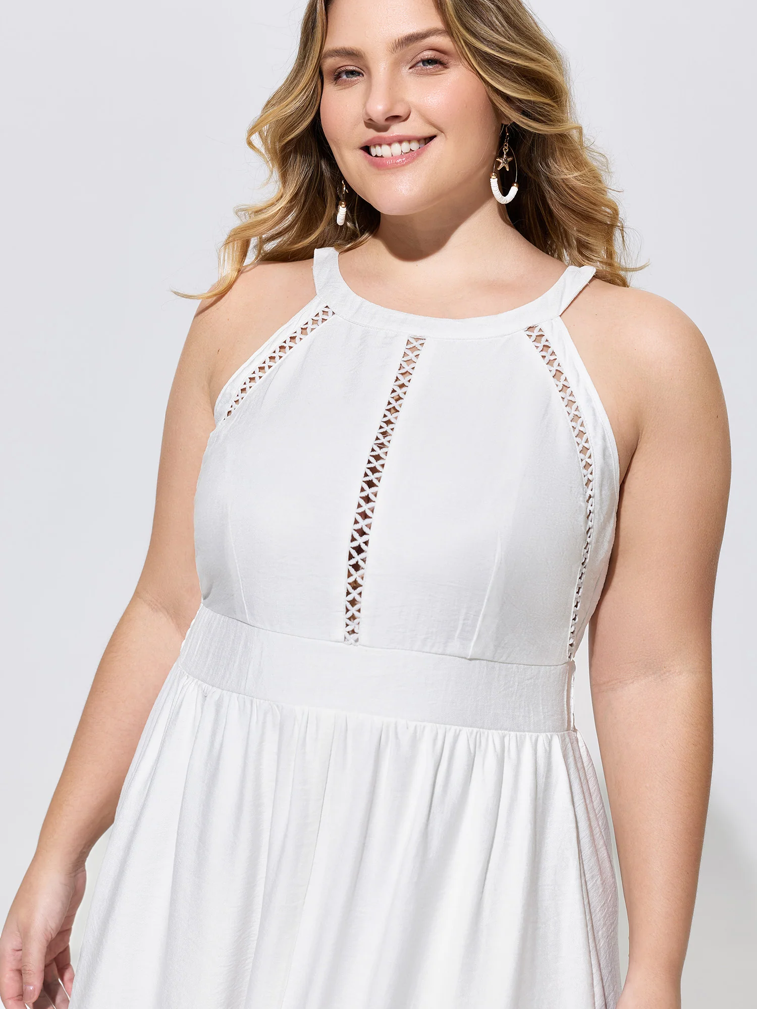 Lace Shirred Waist Halter Neckline Midi Dress