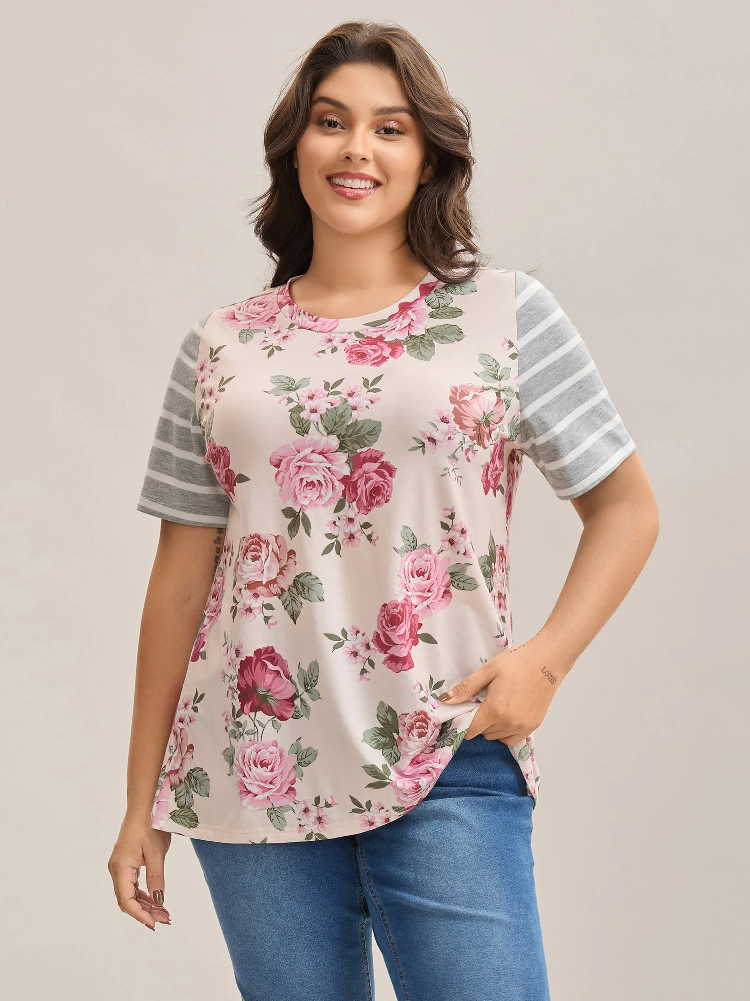 Floral Striped Stretchy Crew Neck T-Shirt