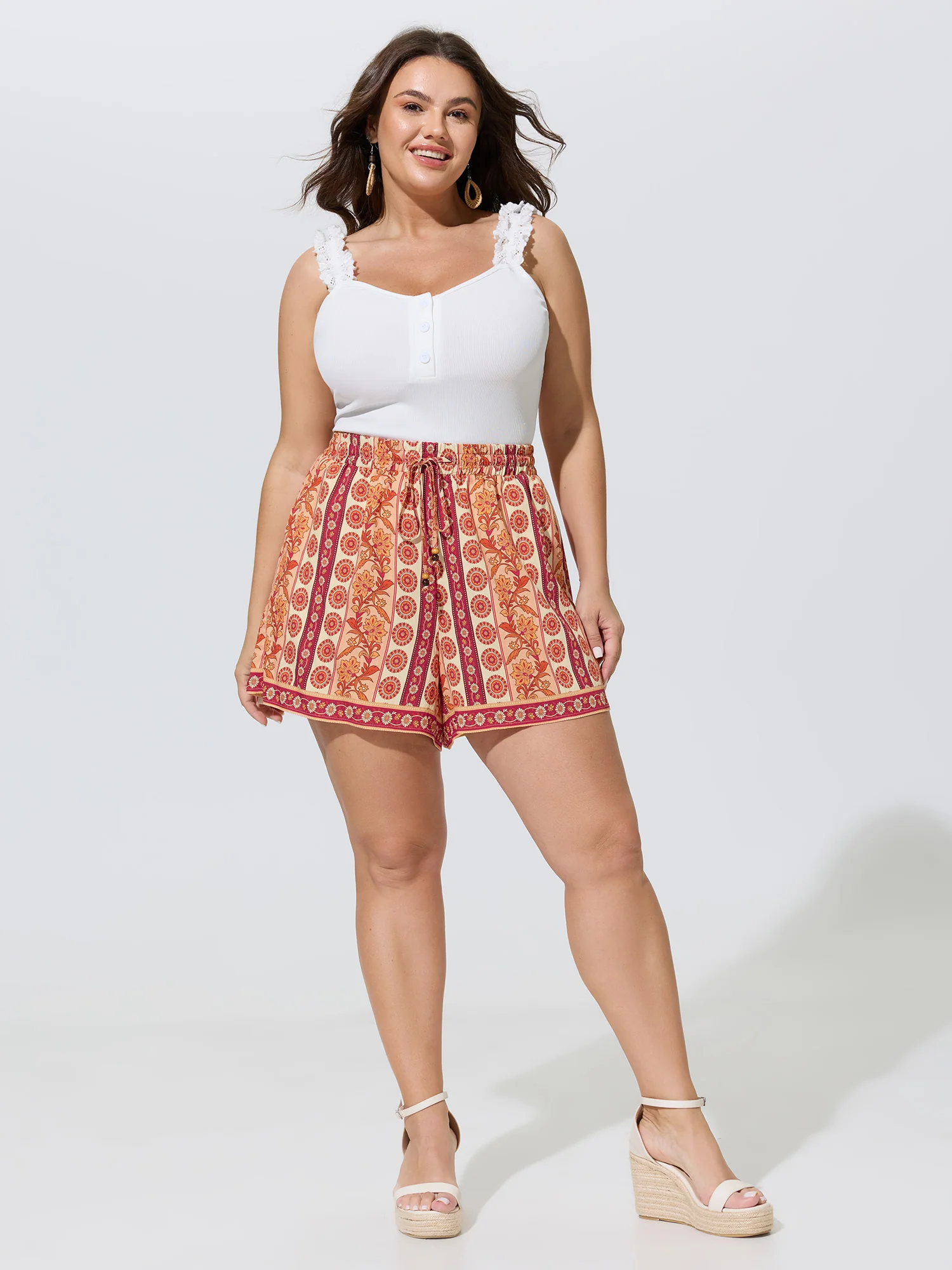 Floral Striped Print Drawstring Shorts
