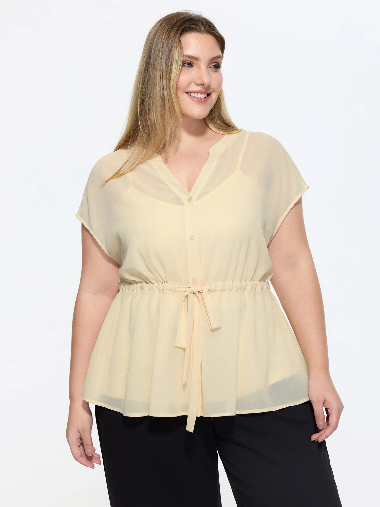 Sheer Drawstring Waist Notched Collar Blouse