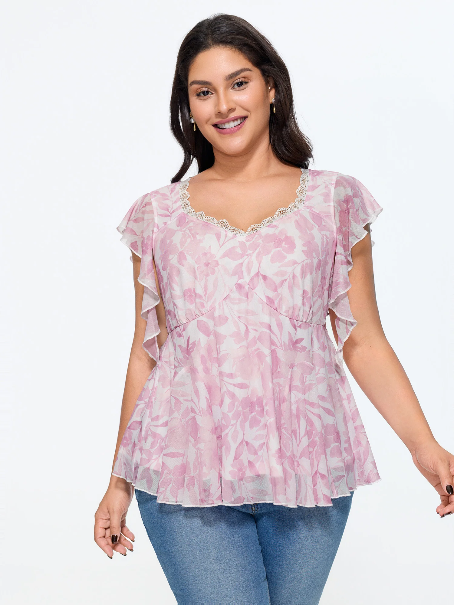 Soft Floral Lace Scallop Neck Flutter Sleeve Peplum Top