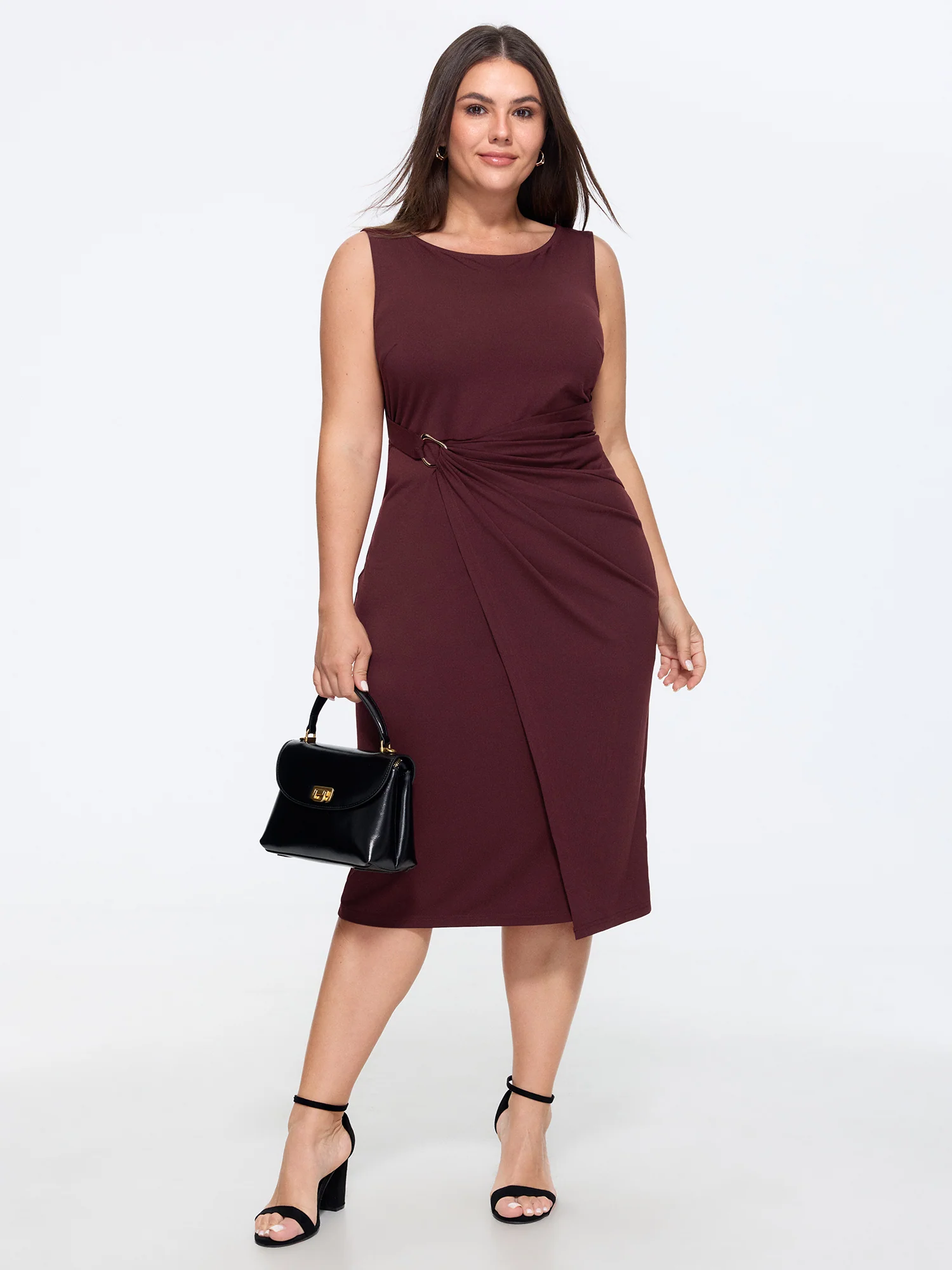 Metallic Buckle Draped Waist Midi Dress
