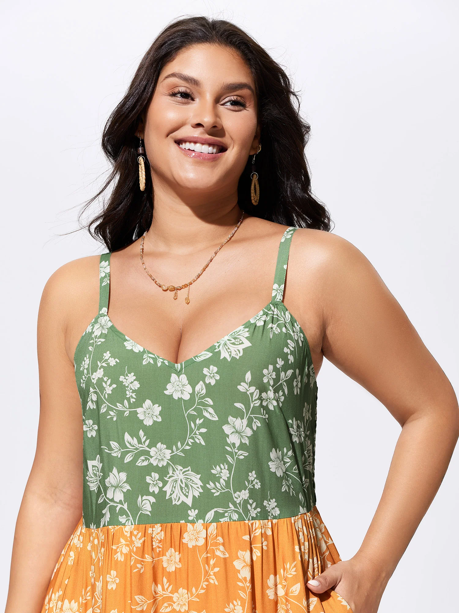 Color Contrast Floral Print Cami Midi Dress