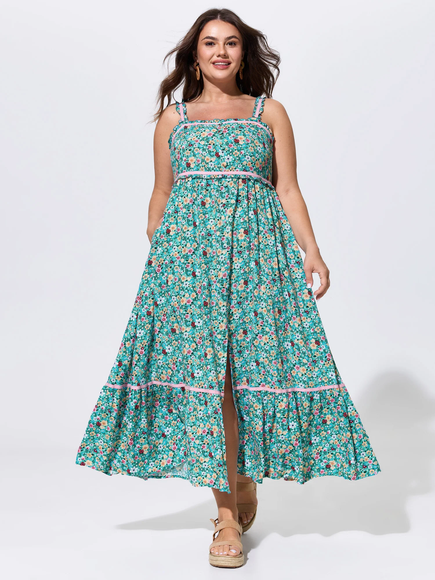 Floral Print Color Contrast Cami Maxi Dress
