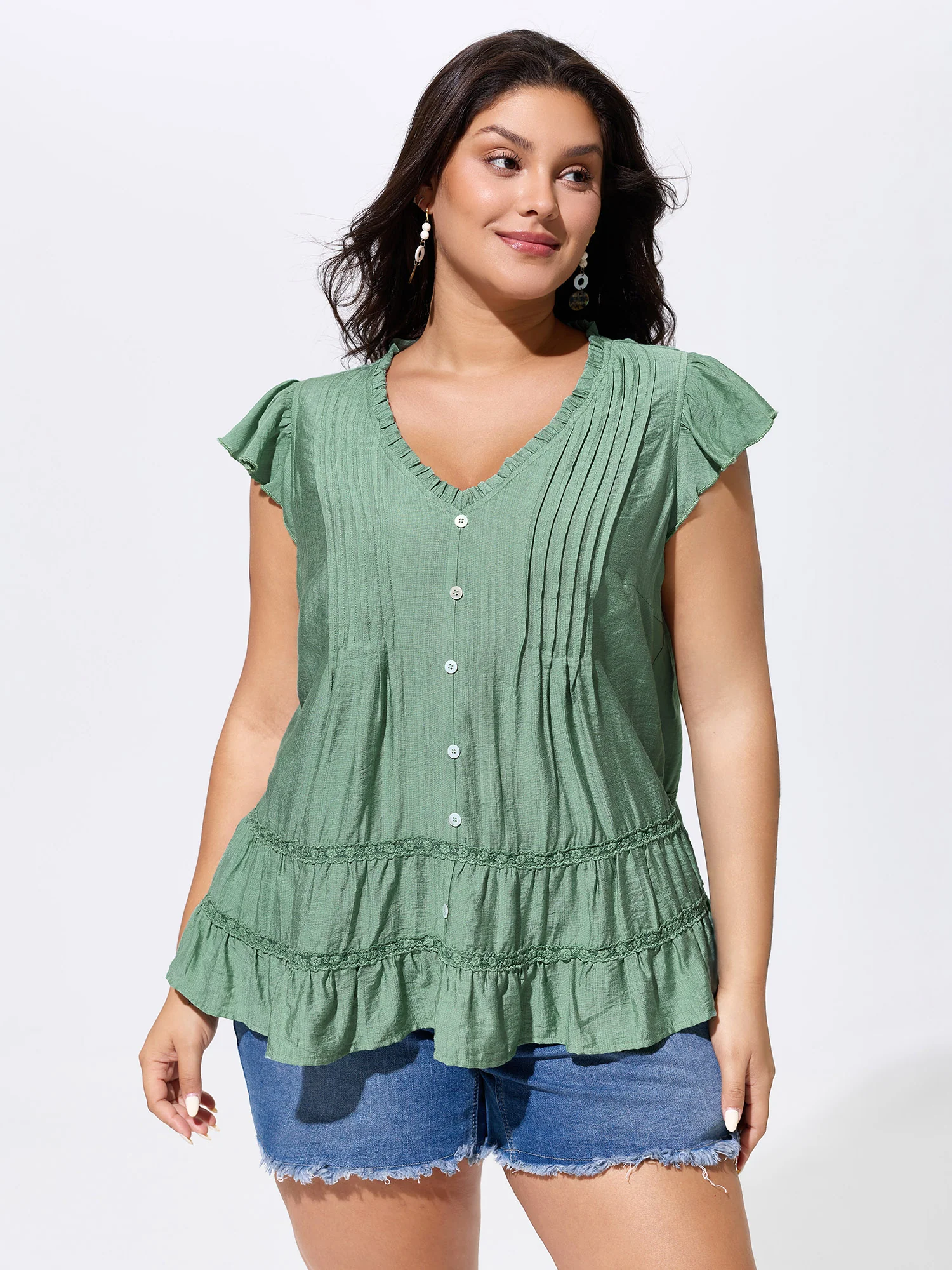 Everyday Pleated Lace Trim Blouse