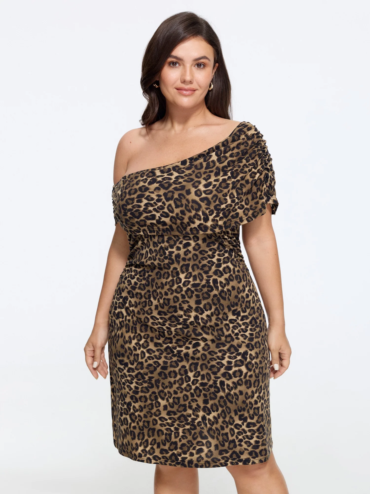 Leopard Print One Shoulder Side Ruched Mini Dress