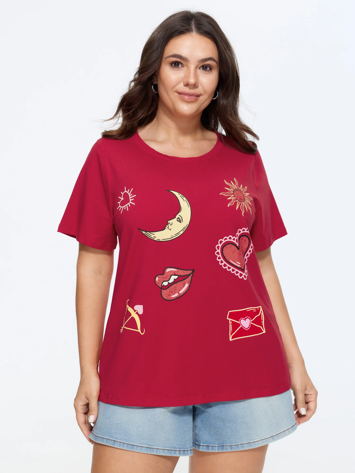 Cotton Romantic Print Round Neck T-Shirt