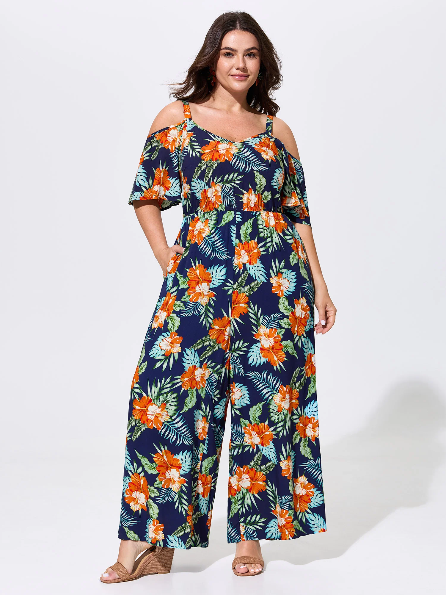 Floral Print Cold-Shoulder Breezy Jumpsuit