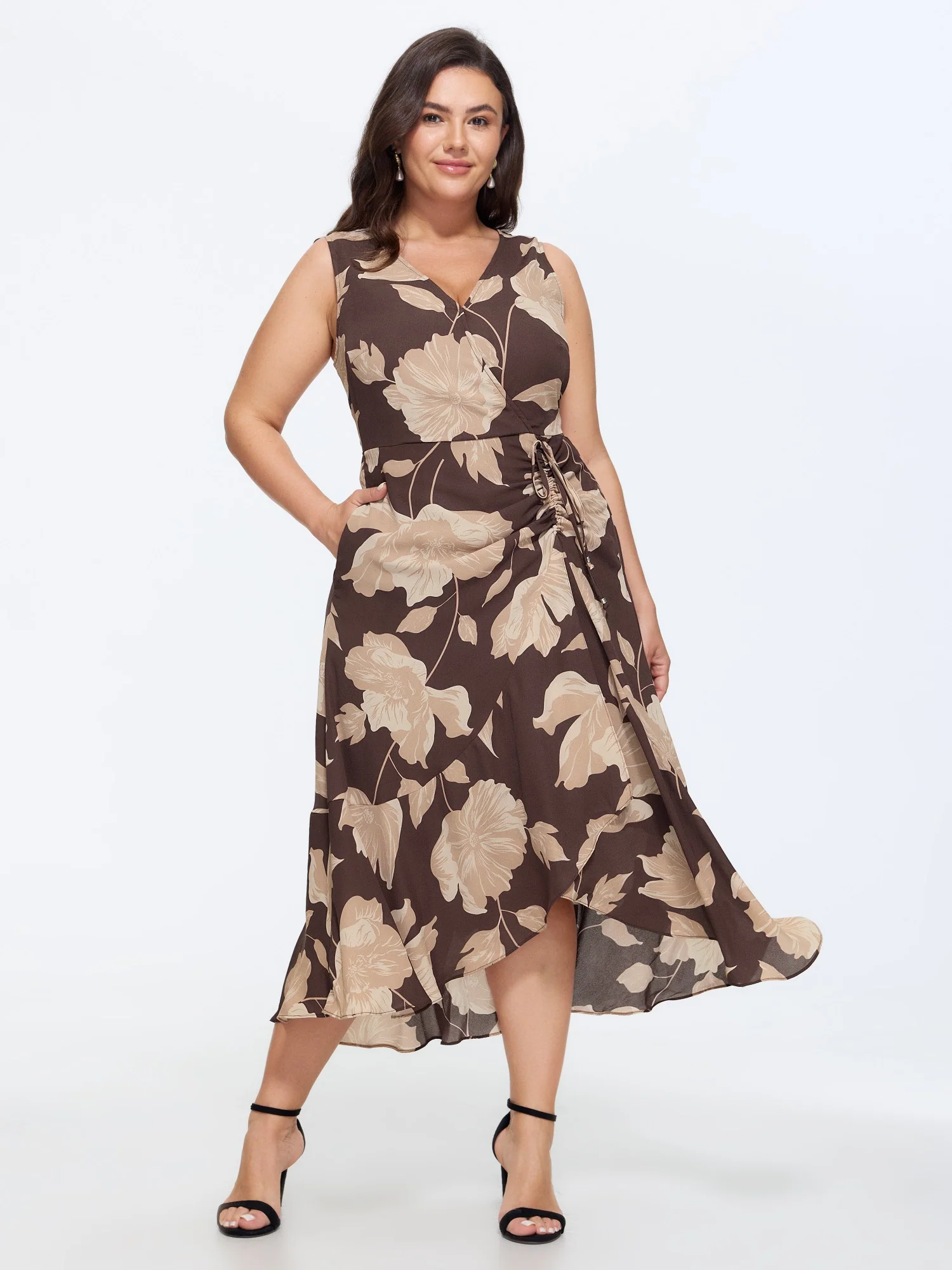 Floral Wrap Ruffle Side Drawstring Midi Dress