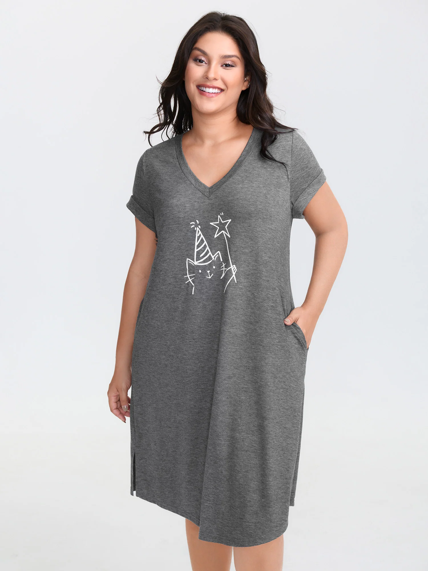 Supersoft Happy Cat Motif V-Neck Mini Dress