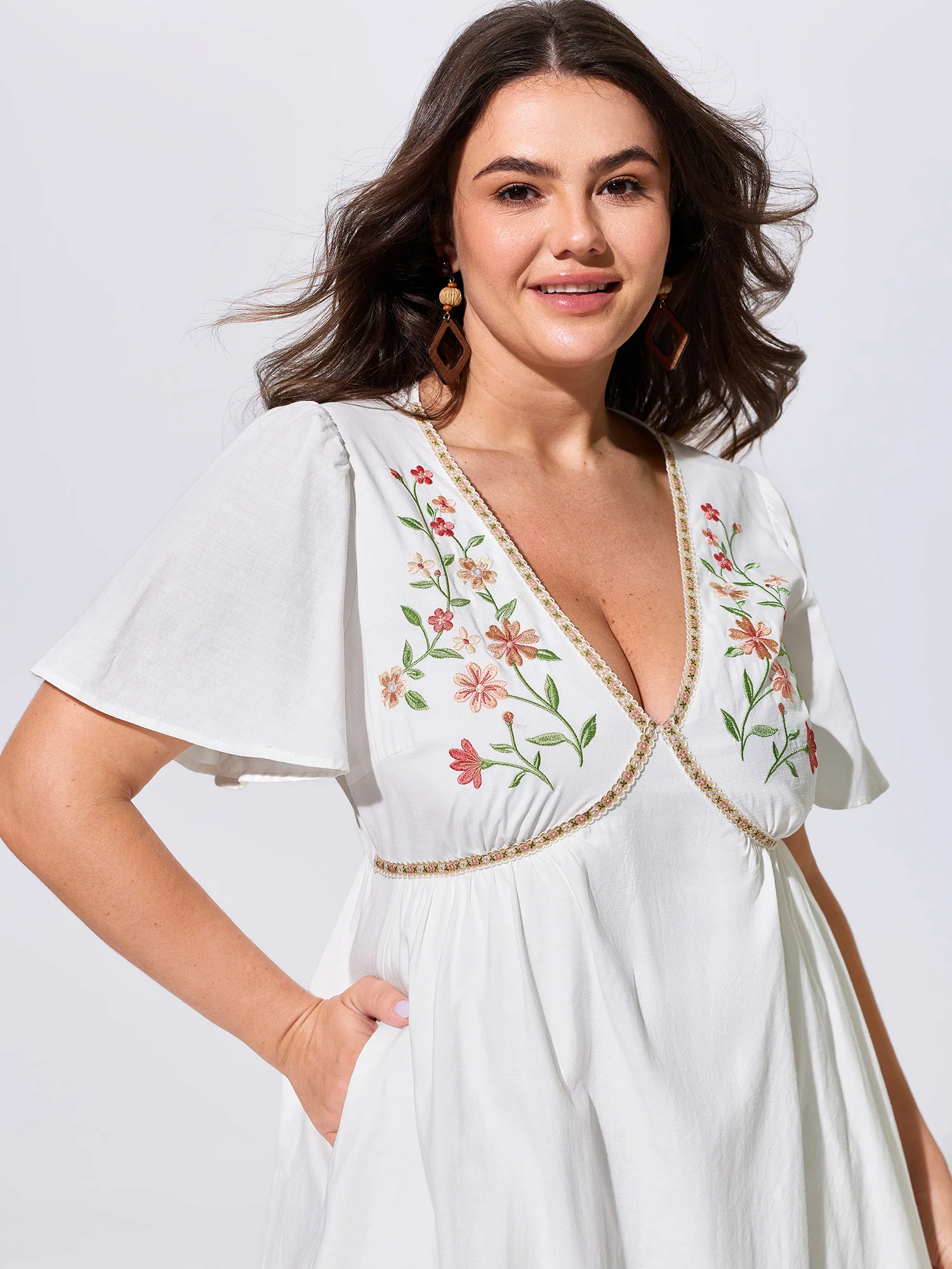Floral Embroidered V-Neck Ruffled Hem Mini Dress