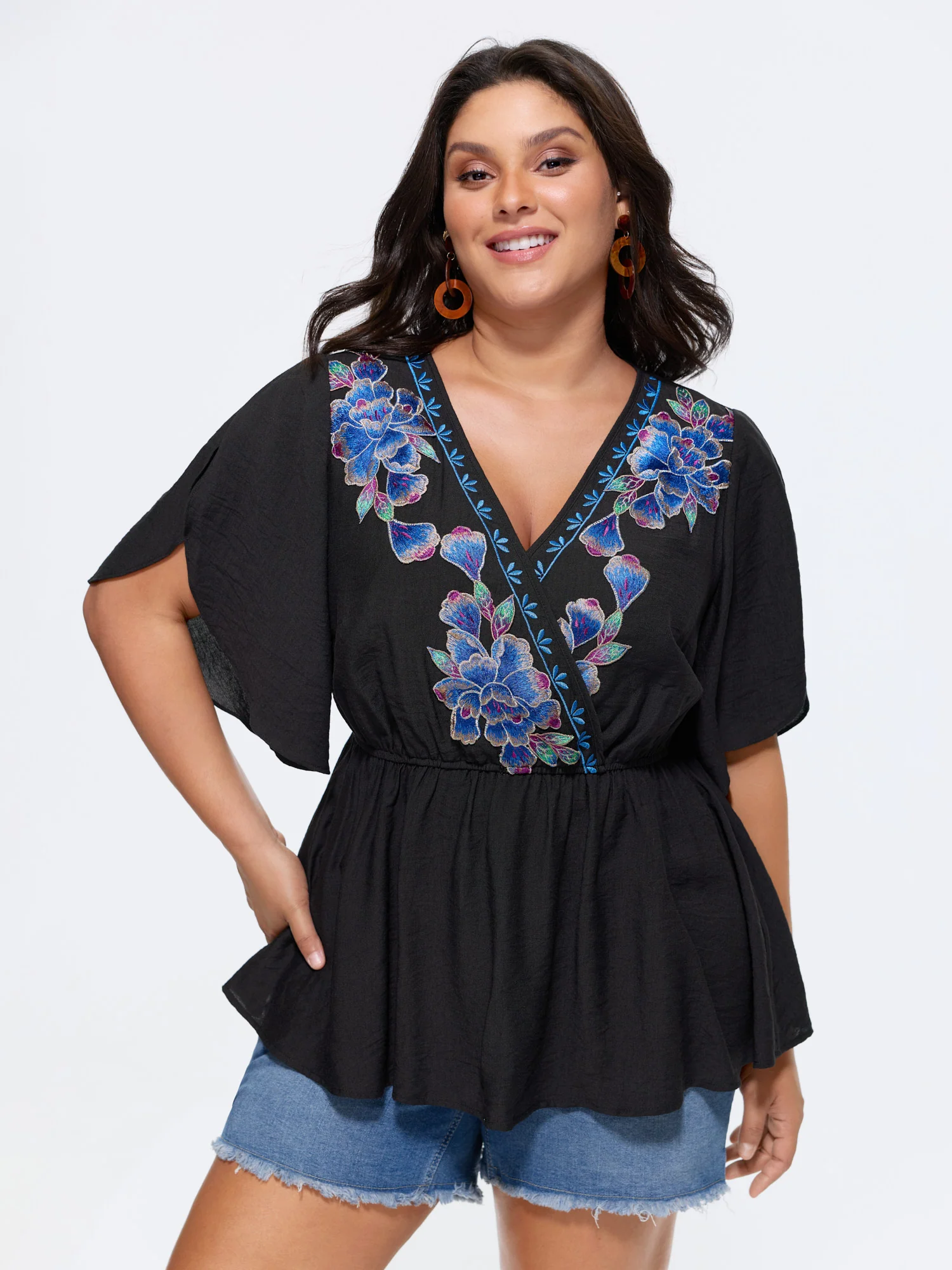 Floral Embroidered Wrap Neckline Top