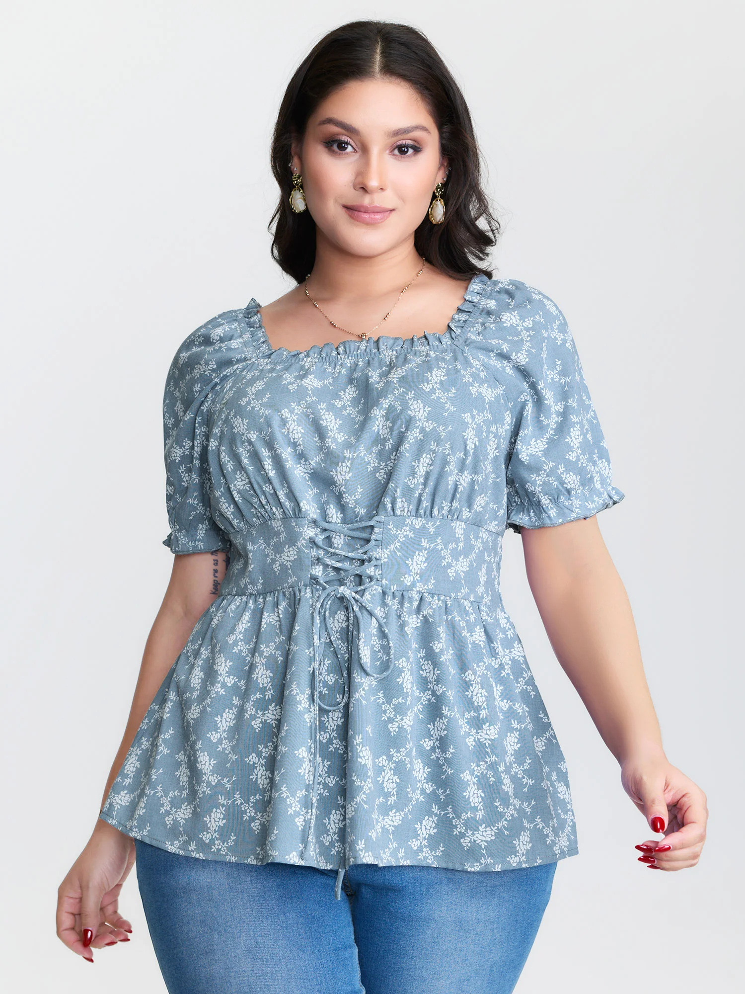 Ditsy Floral Front-Tie Shirred Blouse