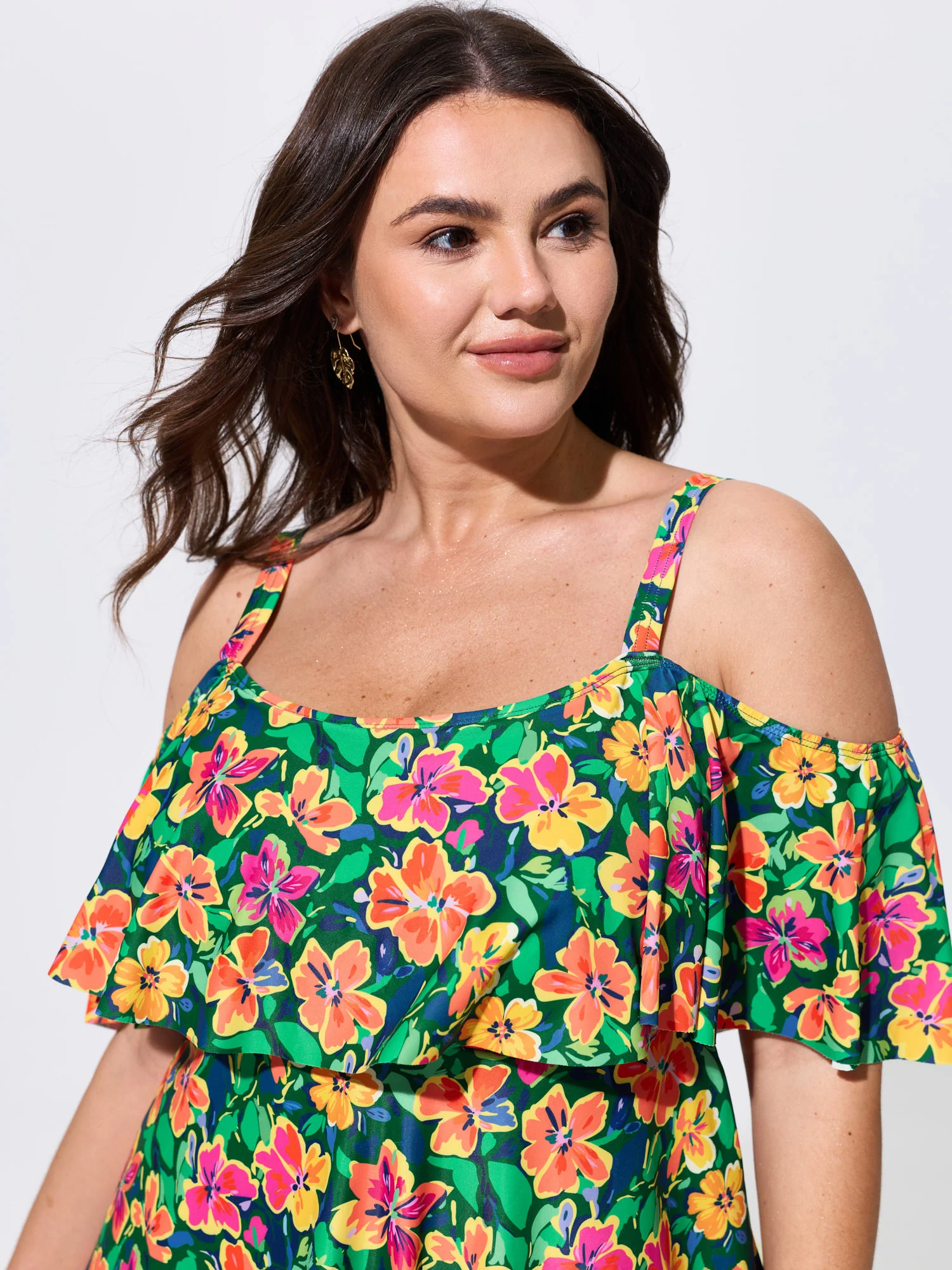 Floral Ruffle Trim Off Shoulder Pockets Swim Dress