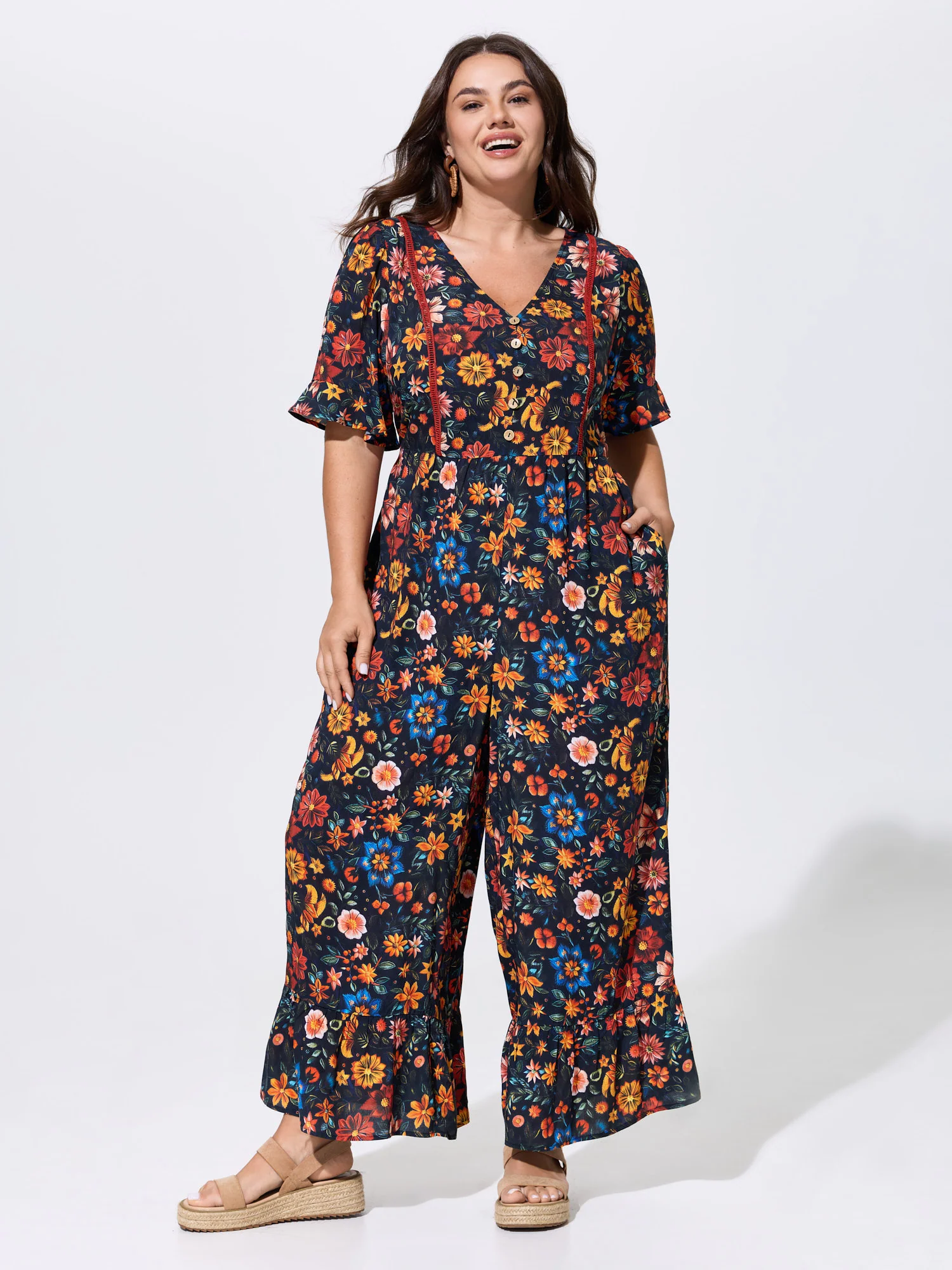 Floral Ruffle V Neck Wide Leg Jumpsuit