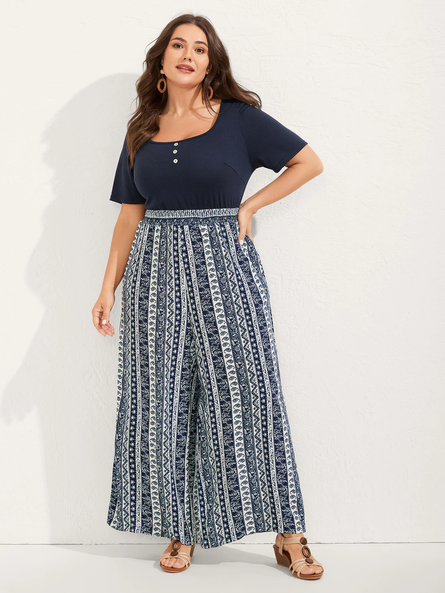Boho Striped Shirred Contrast Jumpsuit