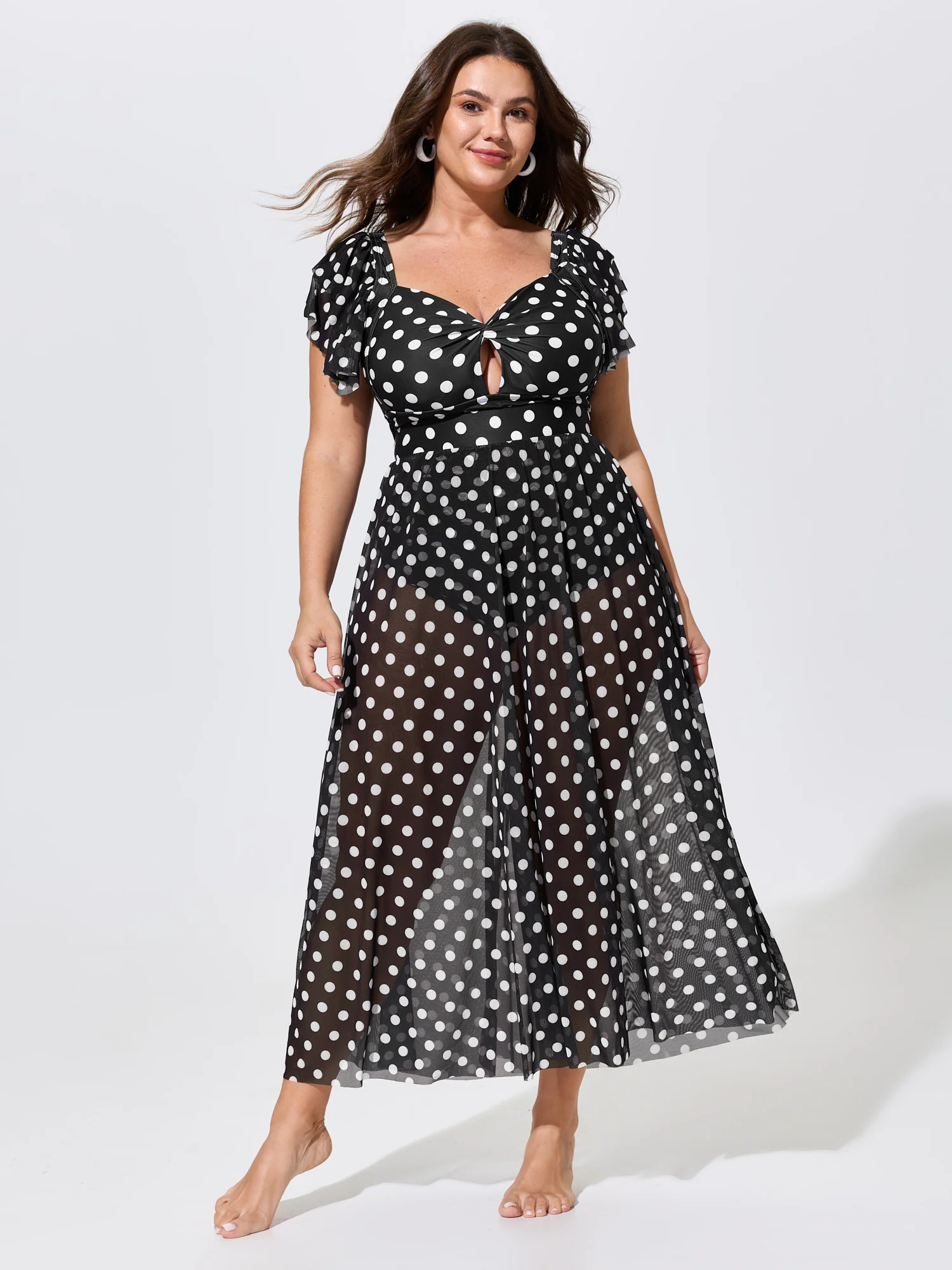 Sarong Set Polka Dot Print One-Piece Swimsuit