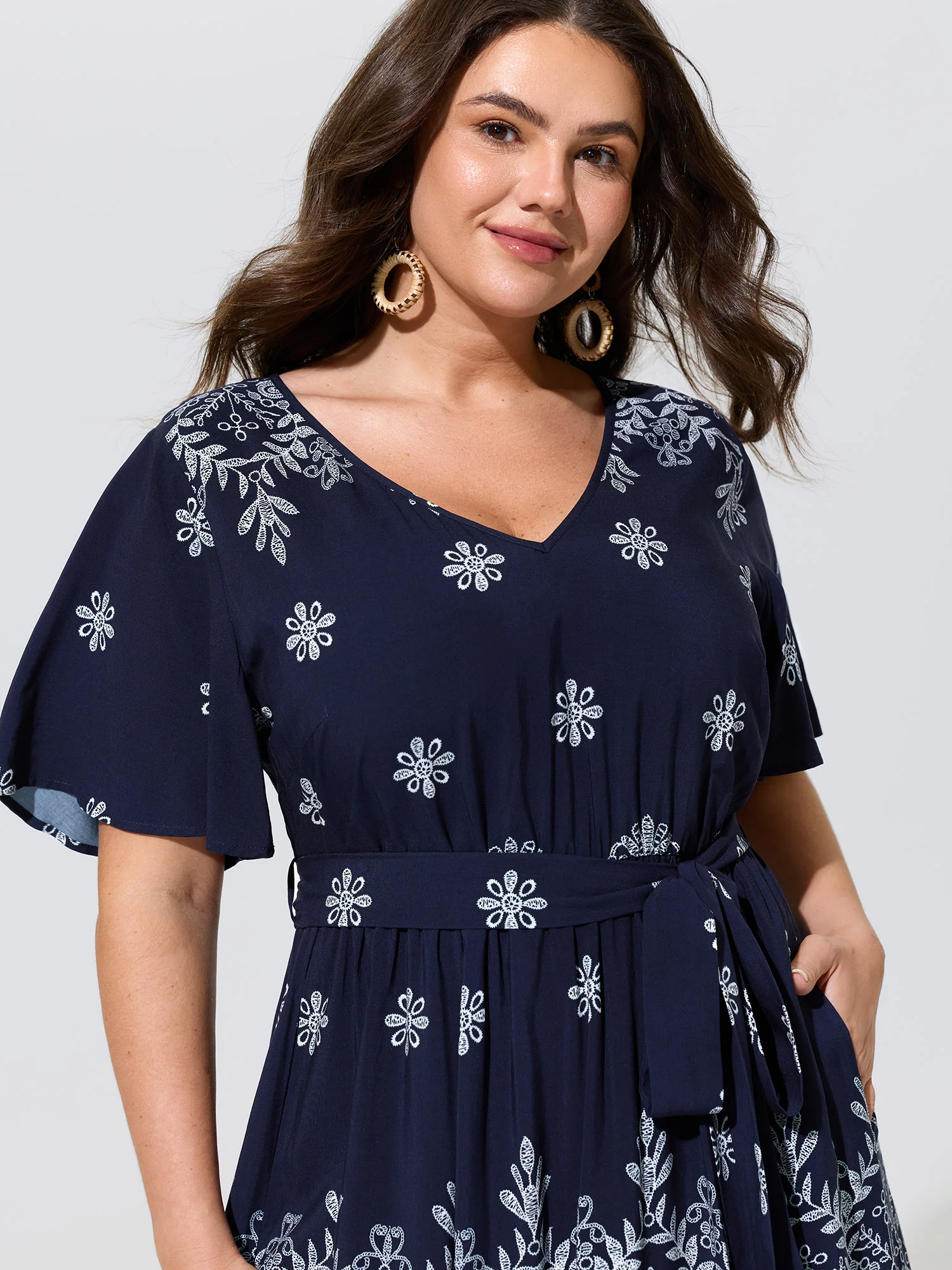 Boho Floral Print Belted Midi Dress