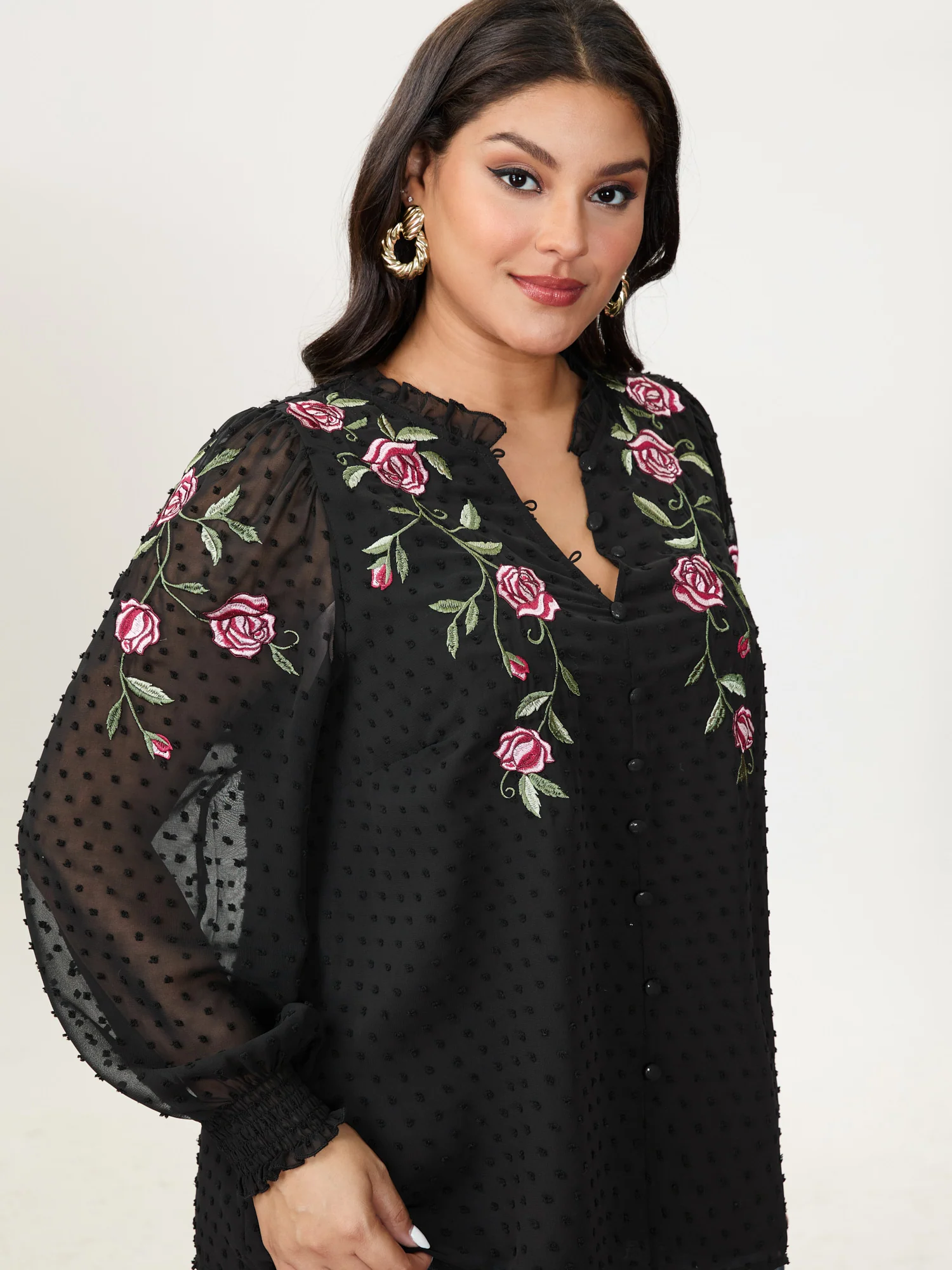 Rose Embroidered Textured Sheer Blouse