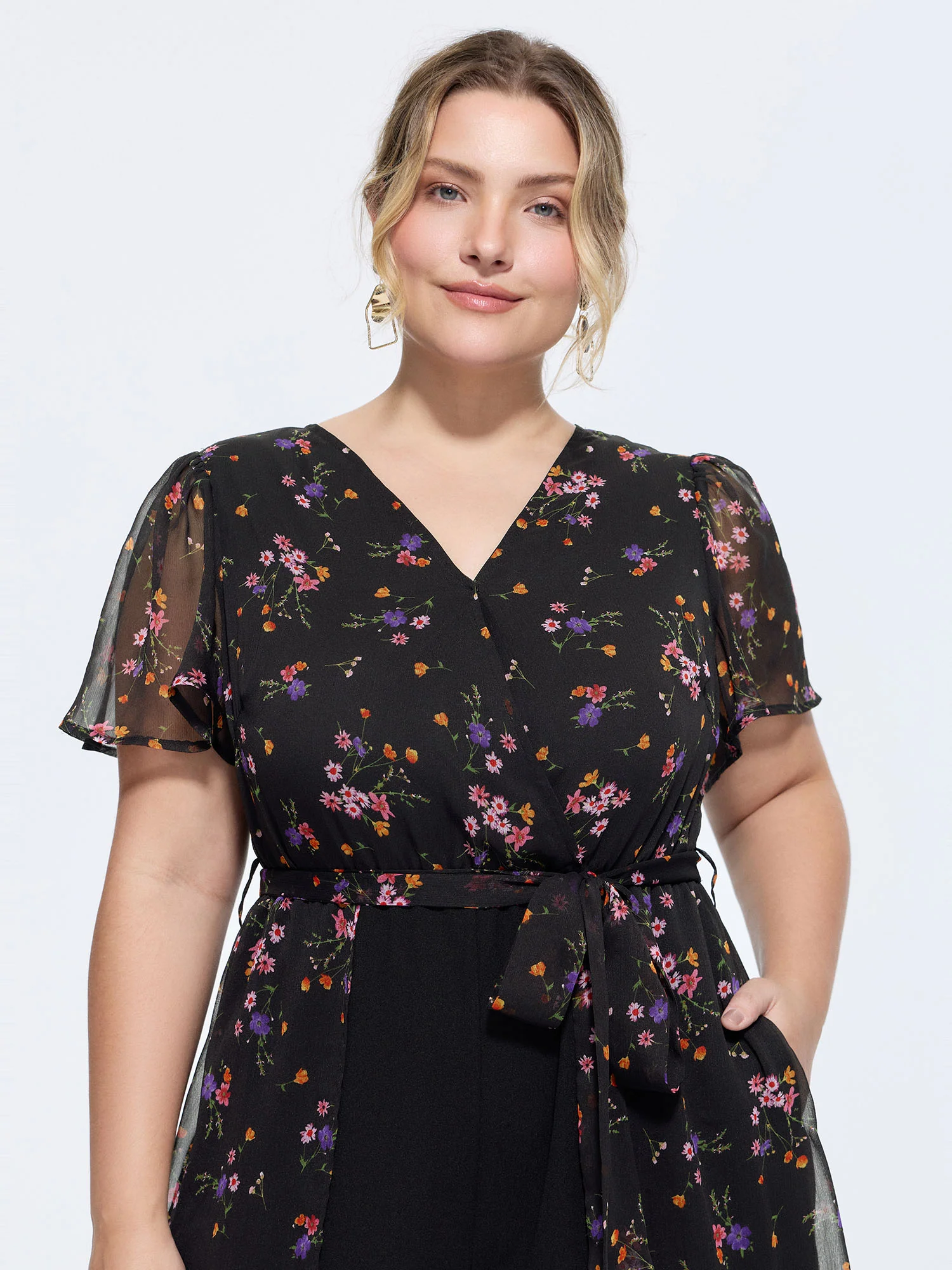 Ditsy Floral Print Wrap Tie Overlay Jumpsuit
