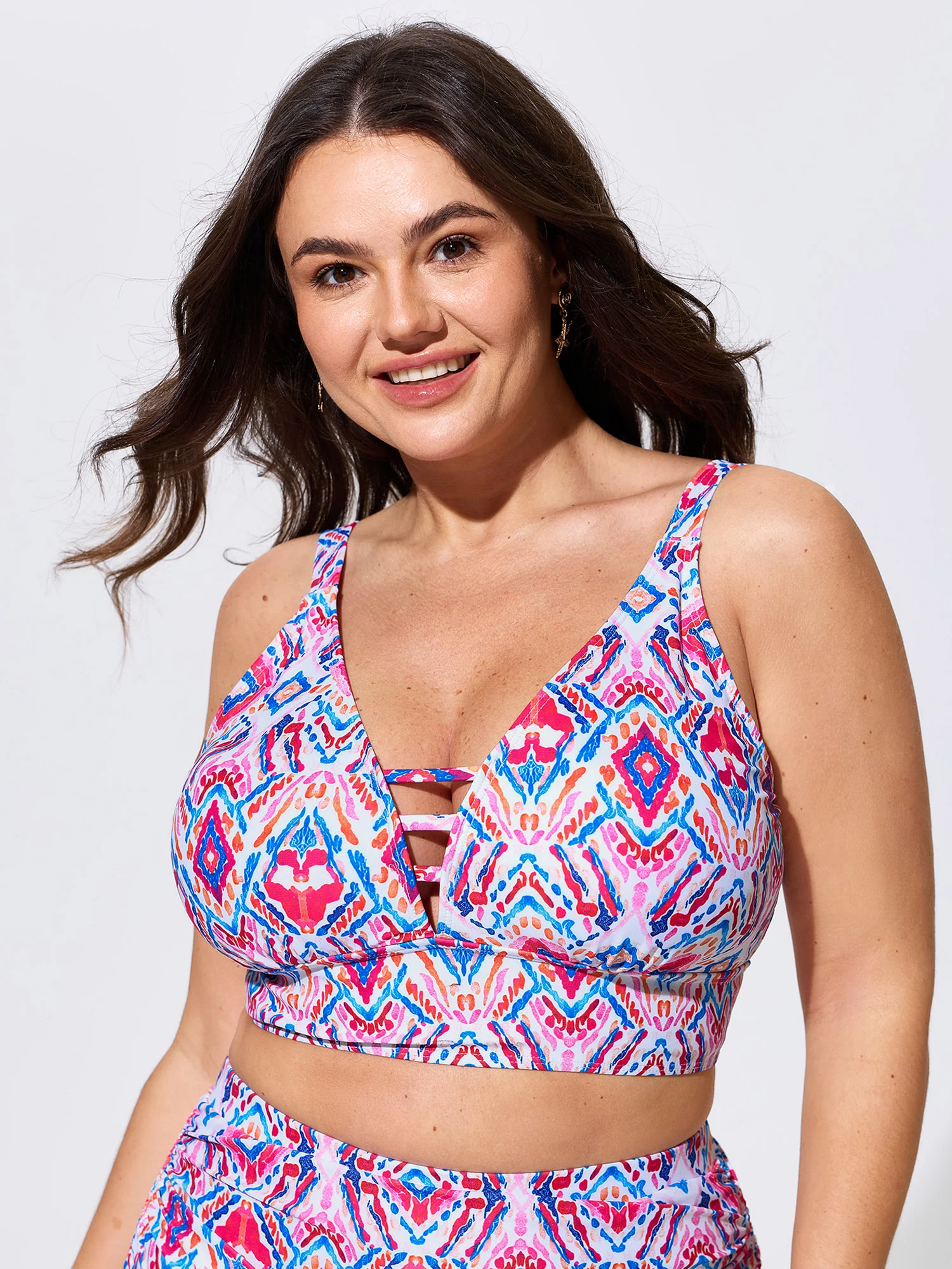 Geometric Print Cut-Out Neckline Swim Top