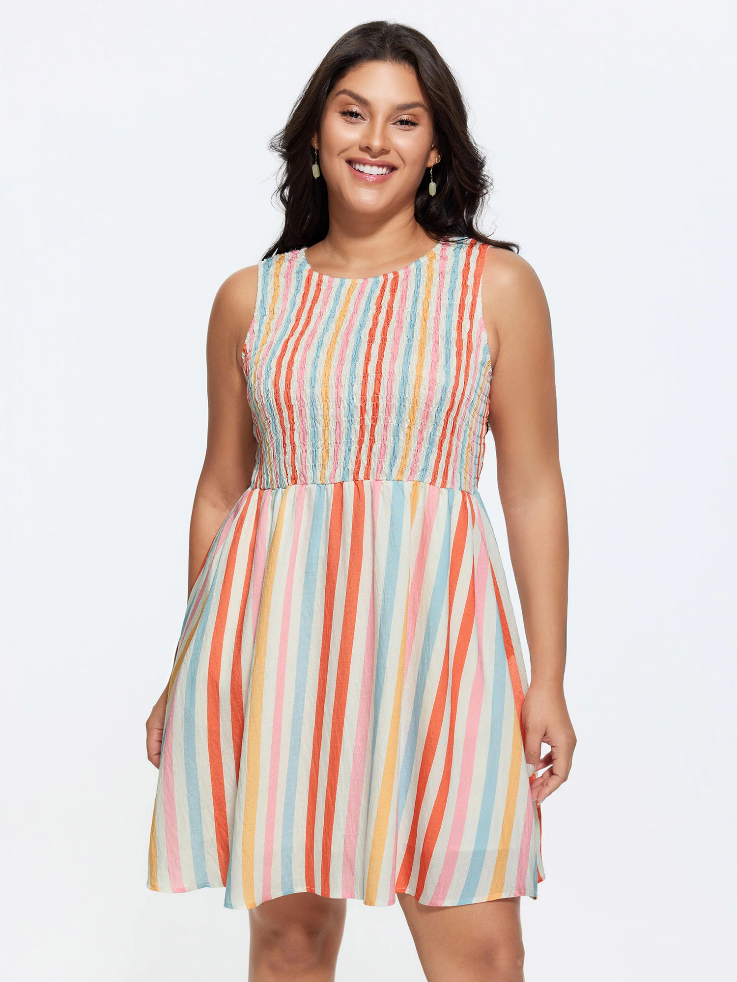 Colorful Striped Print Shirred Mini Dress