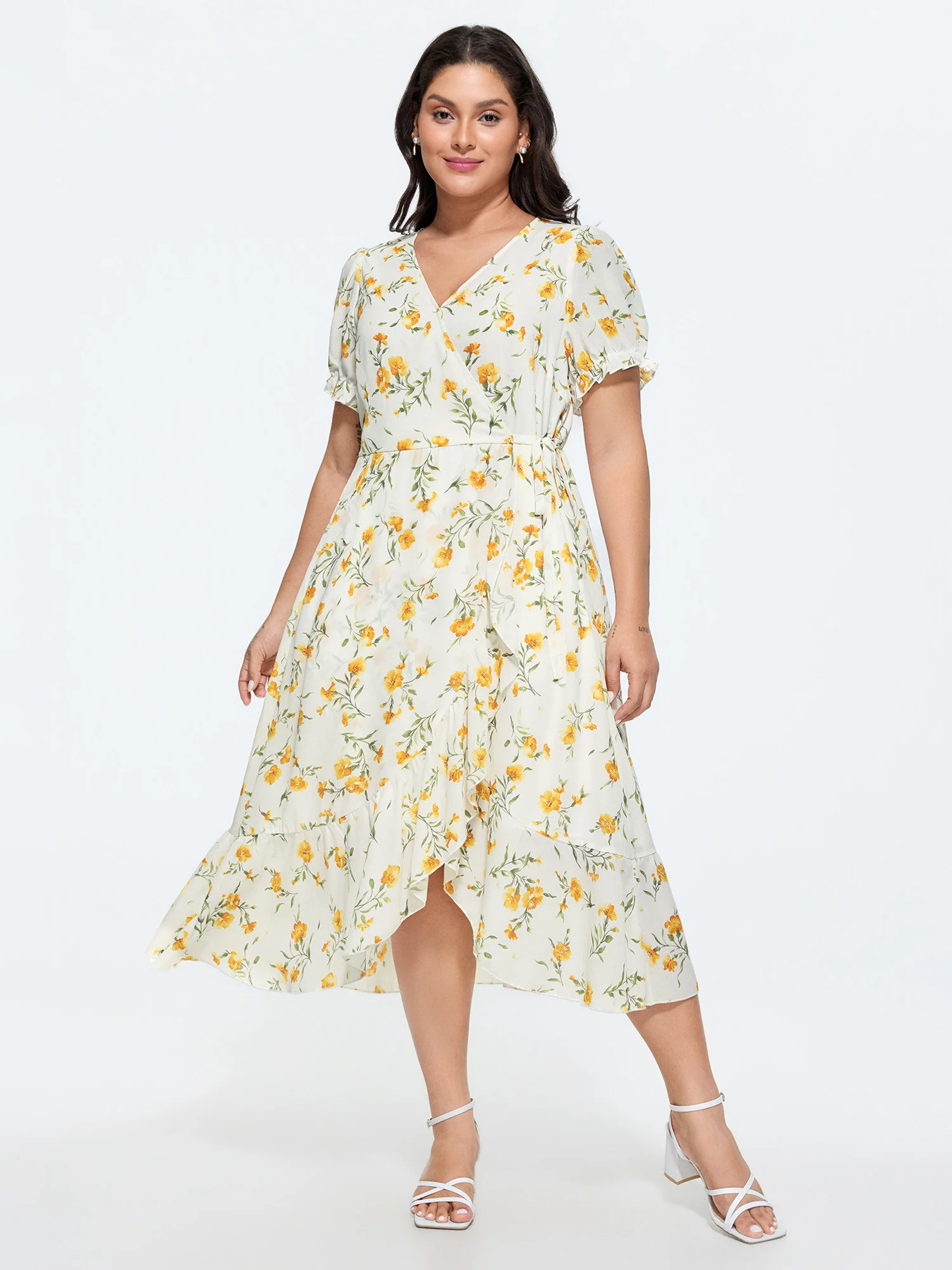 Floral Print Petal Hem Flowy Midi Dress