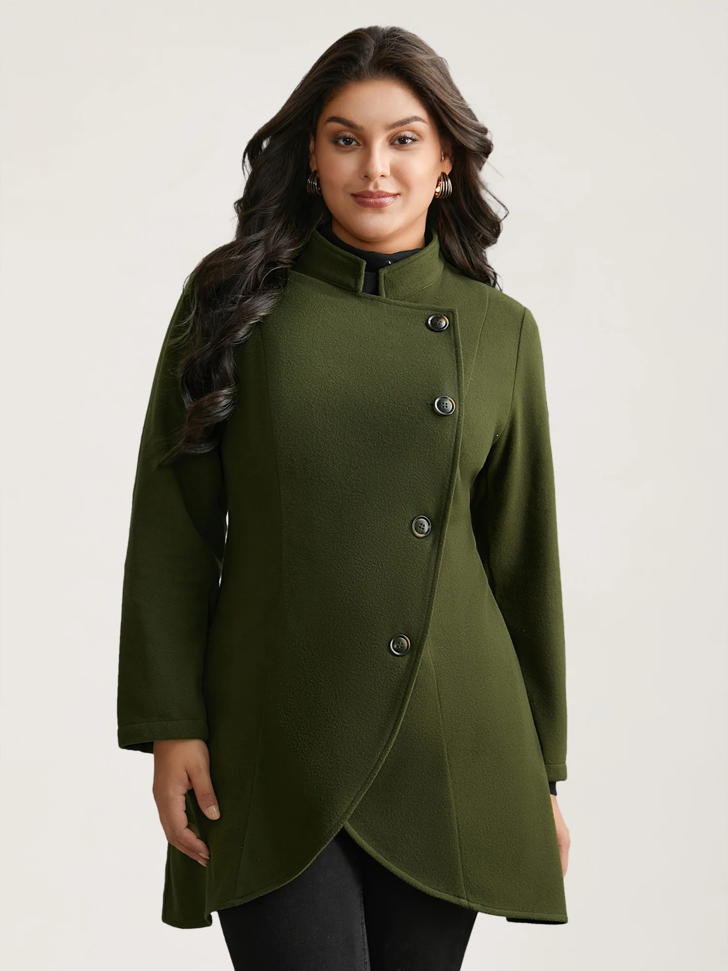 Solid Wrap Button Up Asymmetrical Hem Coat