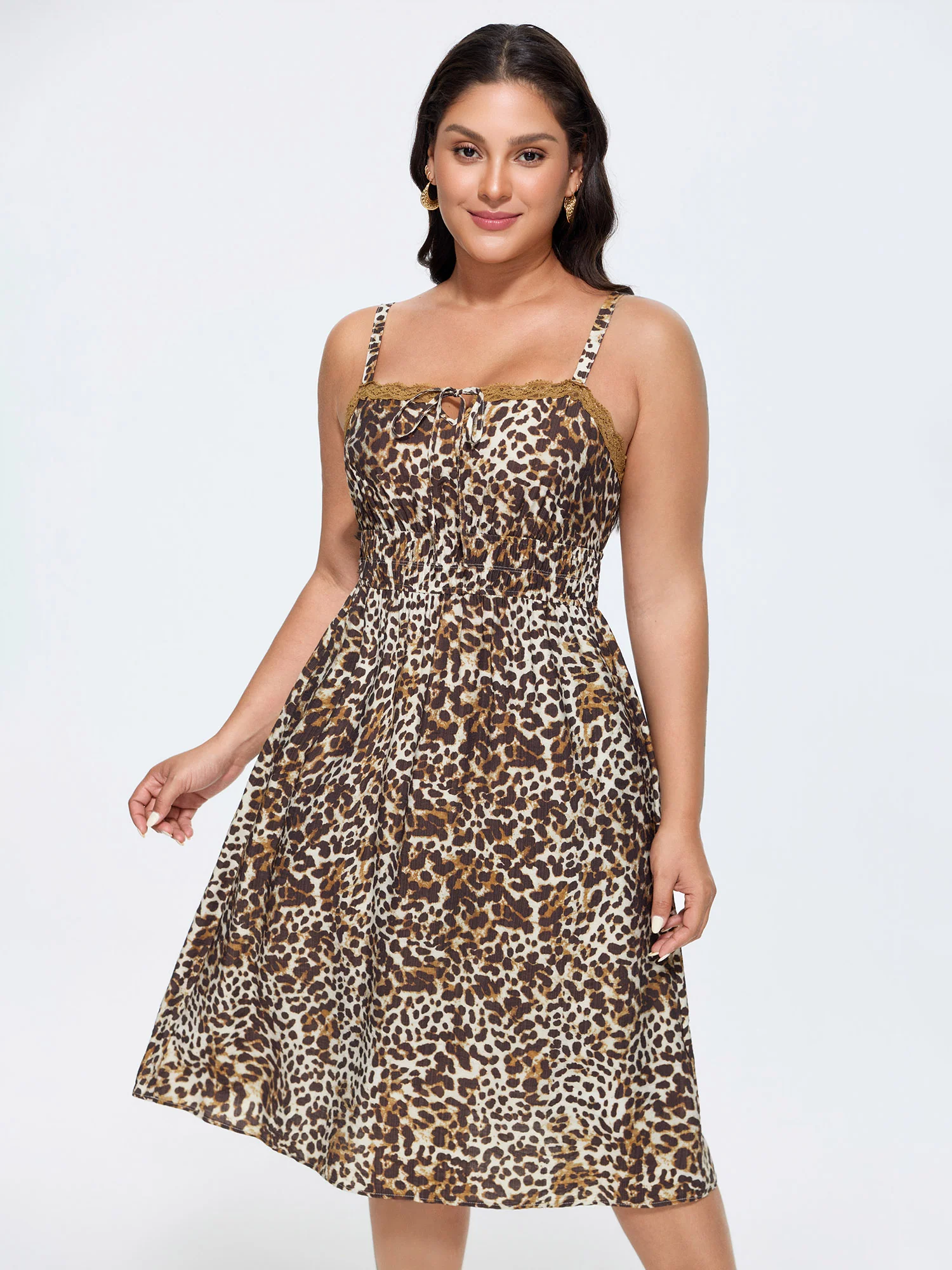 Leopard Print Lace Trim Midi Dress