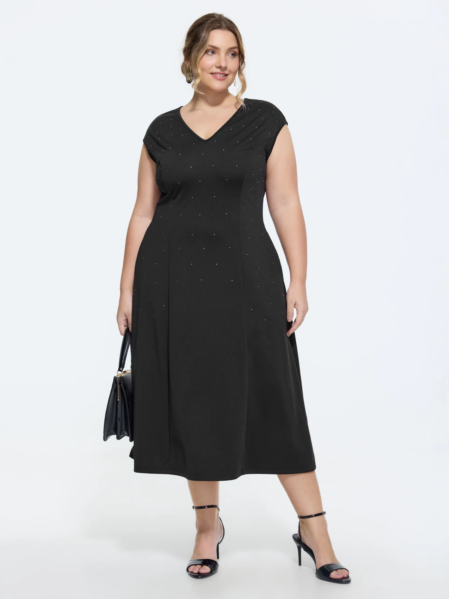 Stretchy Rhinestone V-Neck Midi Dress