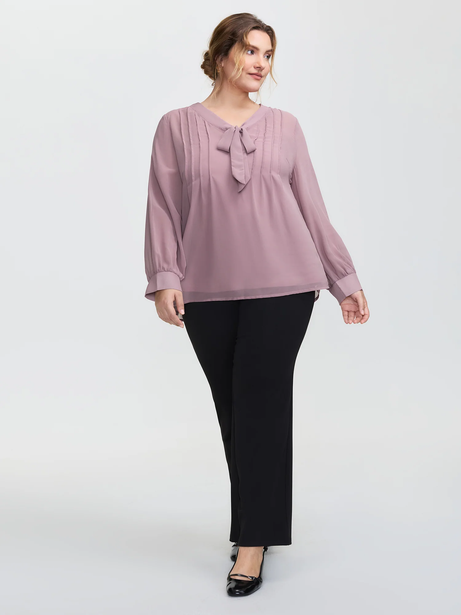 Toothpick Pleats Neck-Tie Sheer Blouse